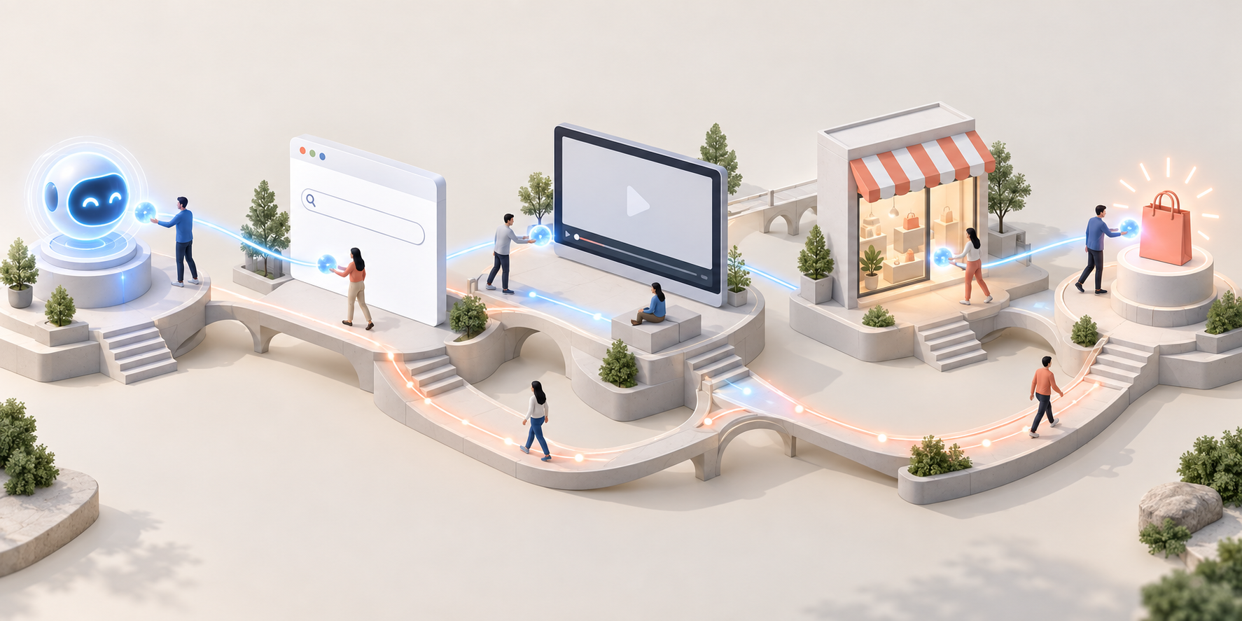 Small figures pass a glowing signal between an AI orb, a search panel, a video display, a storefront, and a purchase pedestal connected by branching paths.