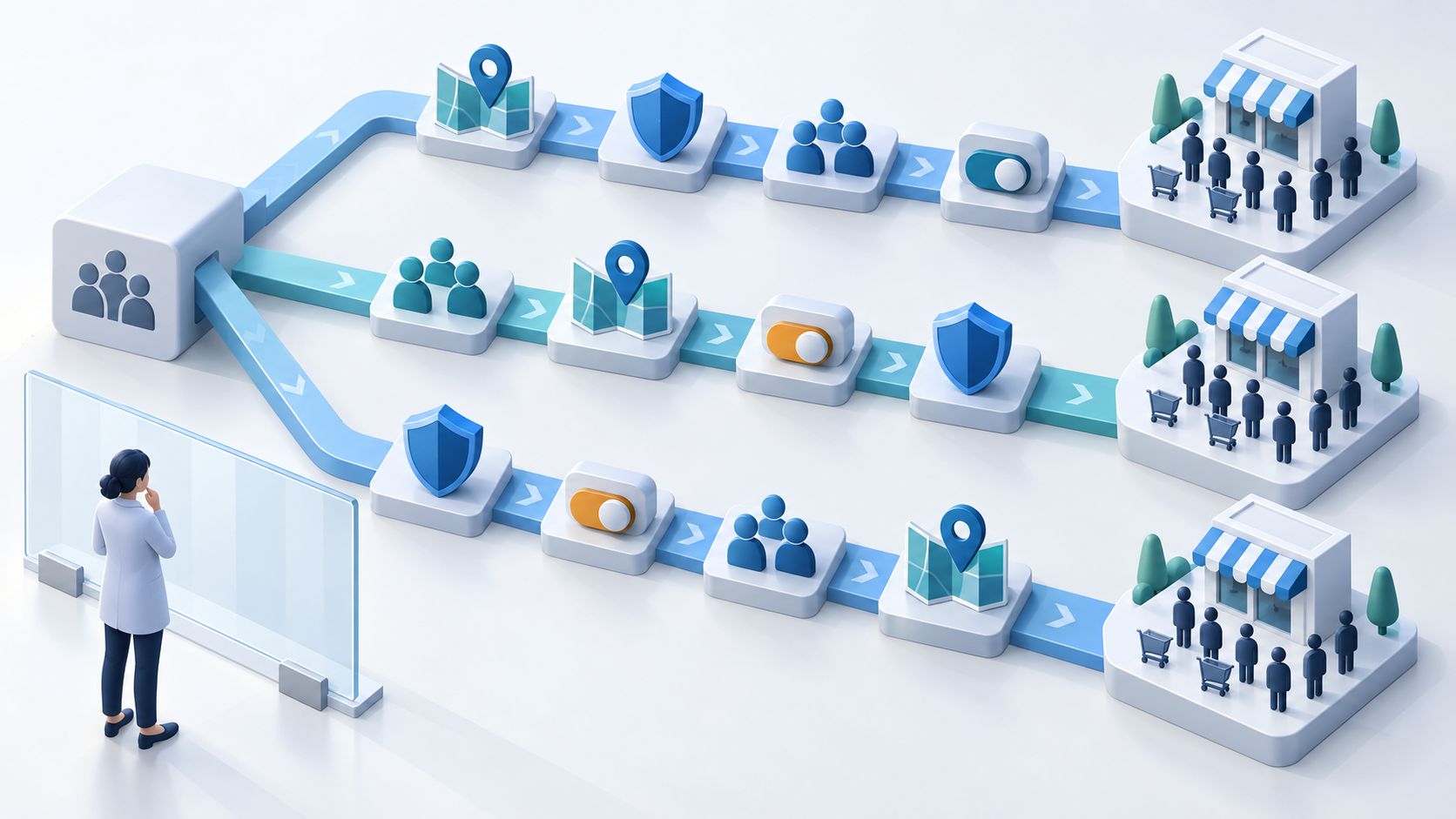 Three parallel campaign pathways pass through different permission controls before reaching comparable shopper groups.