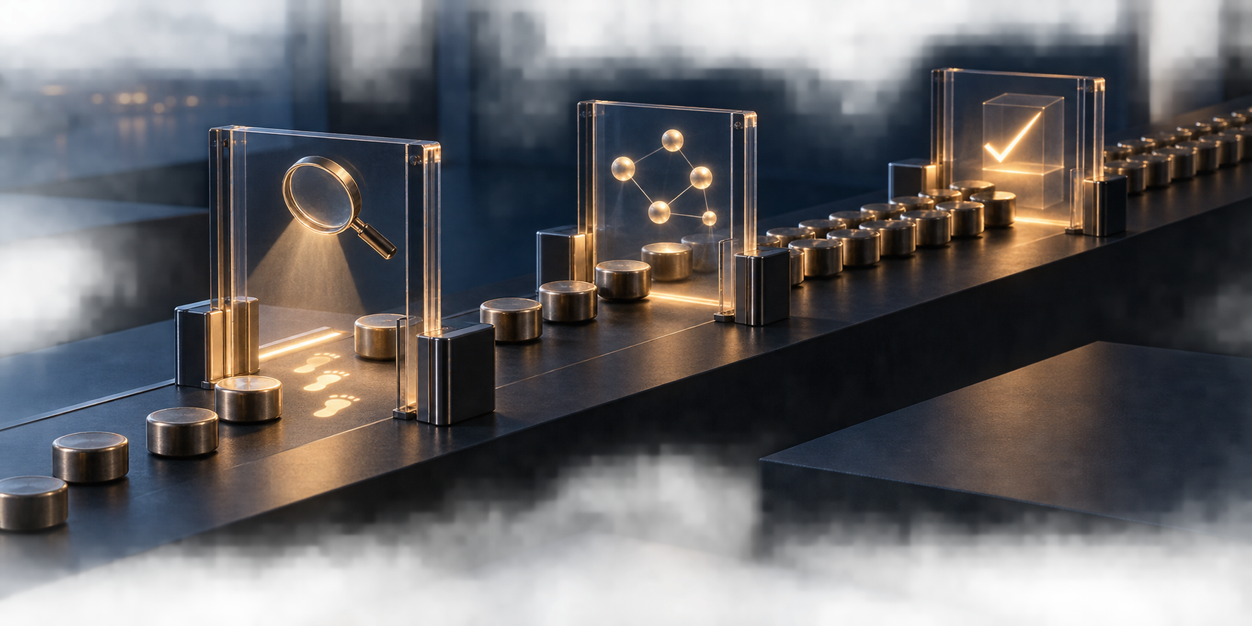 Metallic tokens move through a sequence of transparent gates beside visual evidence objects, with additional tokens waiting at each stage.