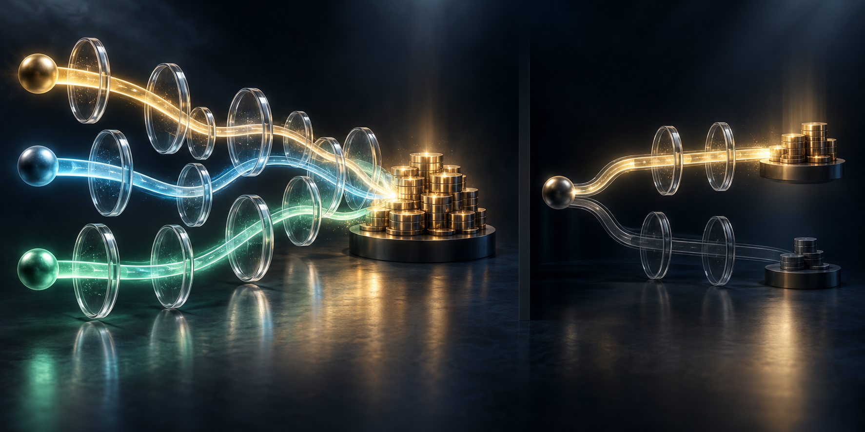 Luminous search pathways pass through touchpoints toward revenue tokens while a separate pair of experimental channels compares activity with and without marketing exposure.