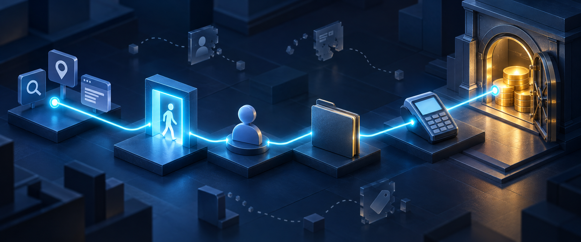 A continuous illuminated path connects search touchpoints, a conversion gateway, a customer record, a contract, a payment, and gold revenue tokens.