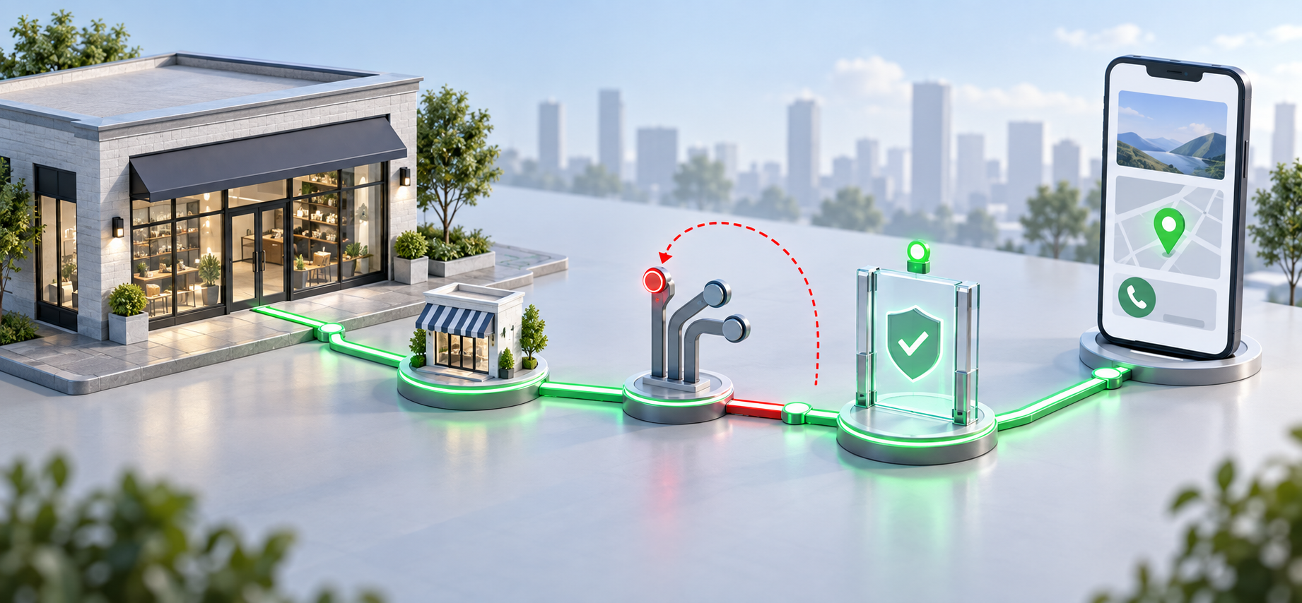 A storefront, mobile ad card, and map pin connected through three visual checkpoints for listing data, location selection, and policy approval.