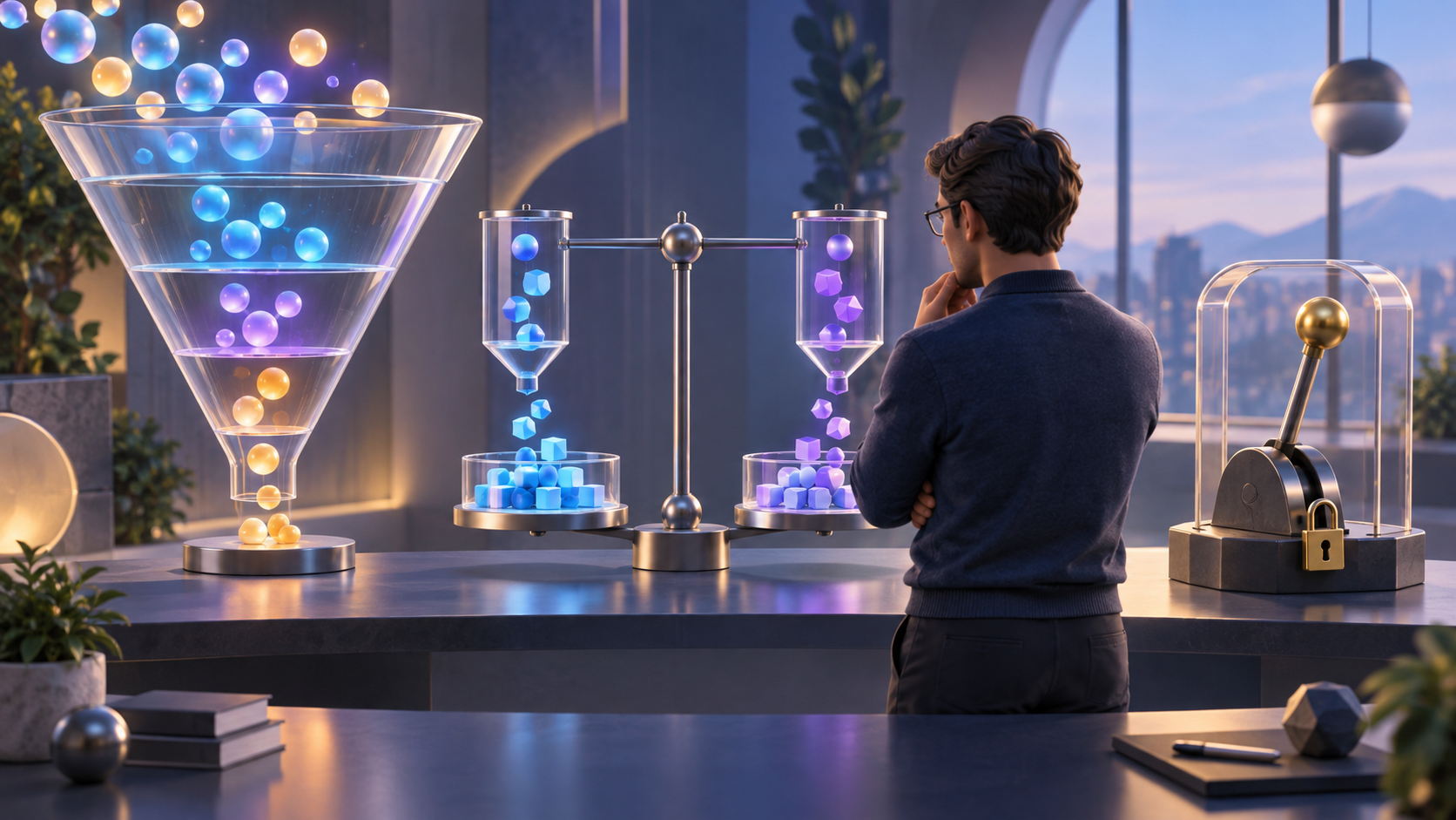 An analyst examines a glowing customer-journey funnel, a split-test comparison, and a guarded decision lever in an abstract data workspace.