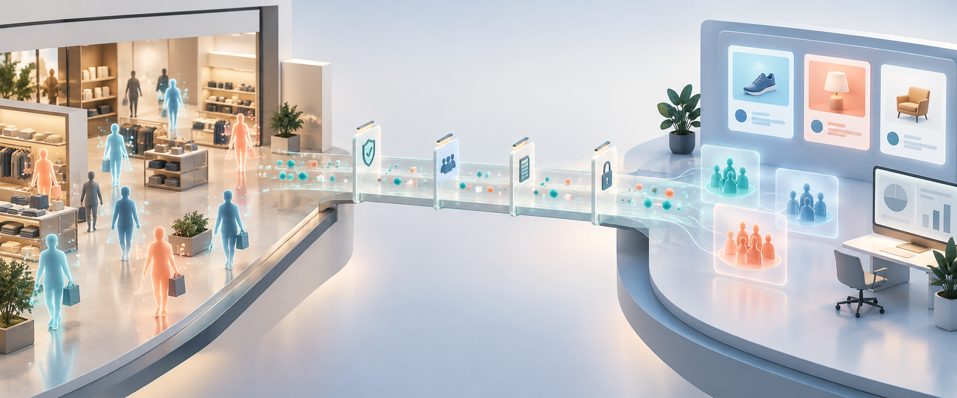 A narrow translucent bridge carries abstract shopper signals from a retail environment to a generic digital advertising workspace through several access checkpoints.