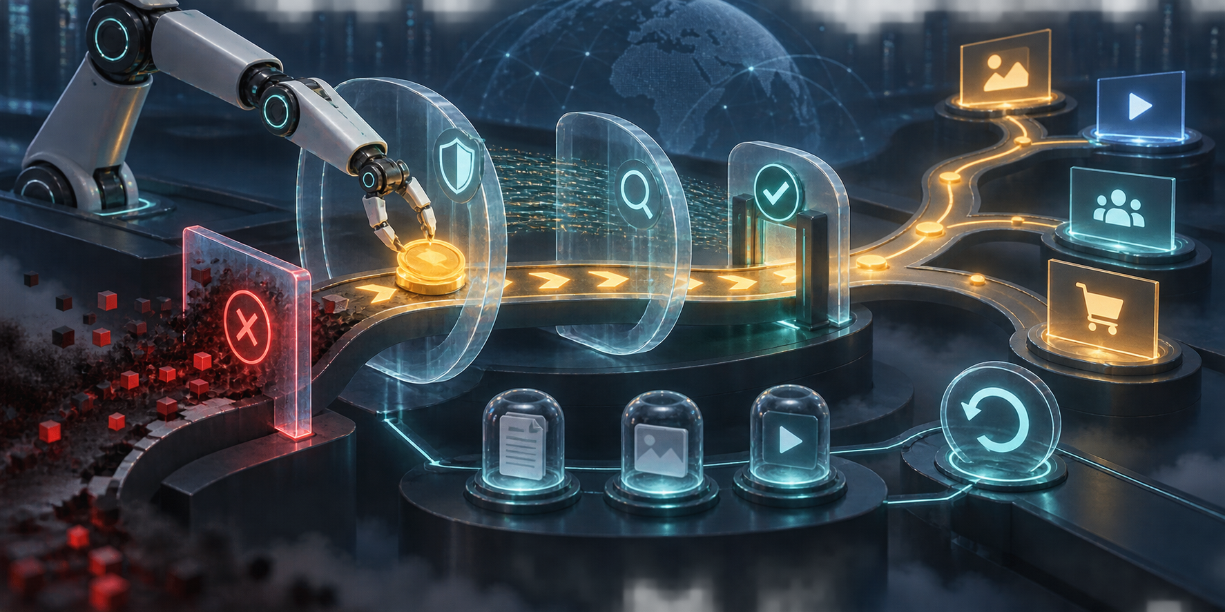 A robotic control arm moves a glowing budget token through layered checkpoints while a corrupted route is blocked and an illuminated audit trail remains behind.