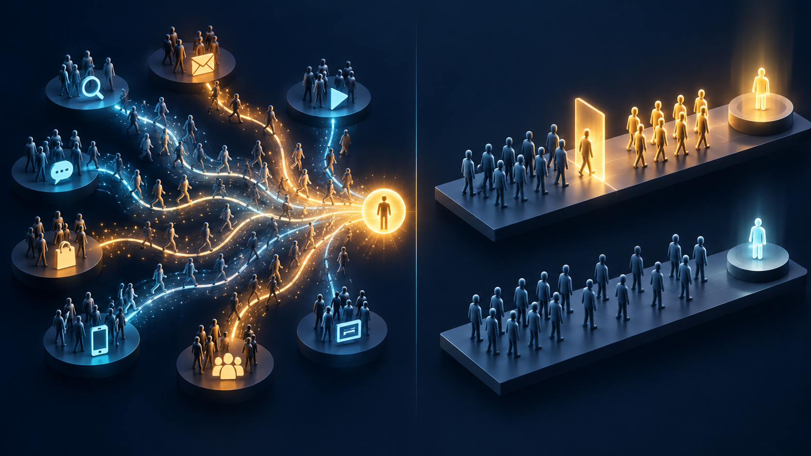 Branching customer touchpoints converge on an outcome beside two matched groups arranged for a controlled experiment.