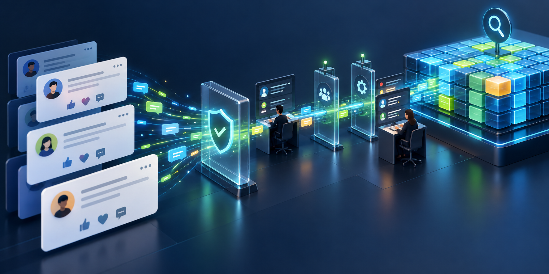 Abstract discussion cards send glowing data packets through validation checkpoints into an organized search index.