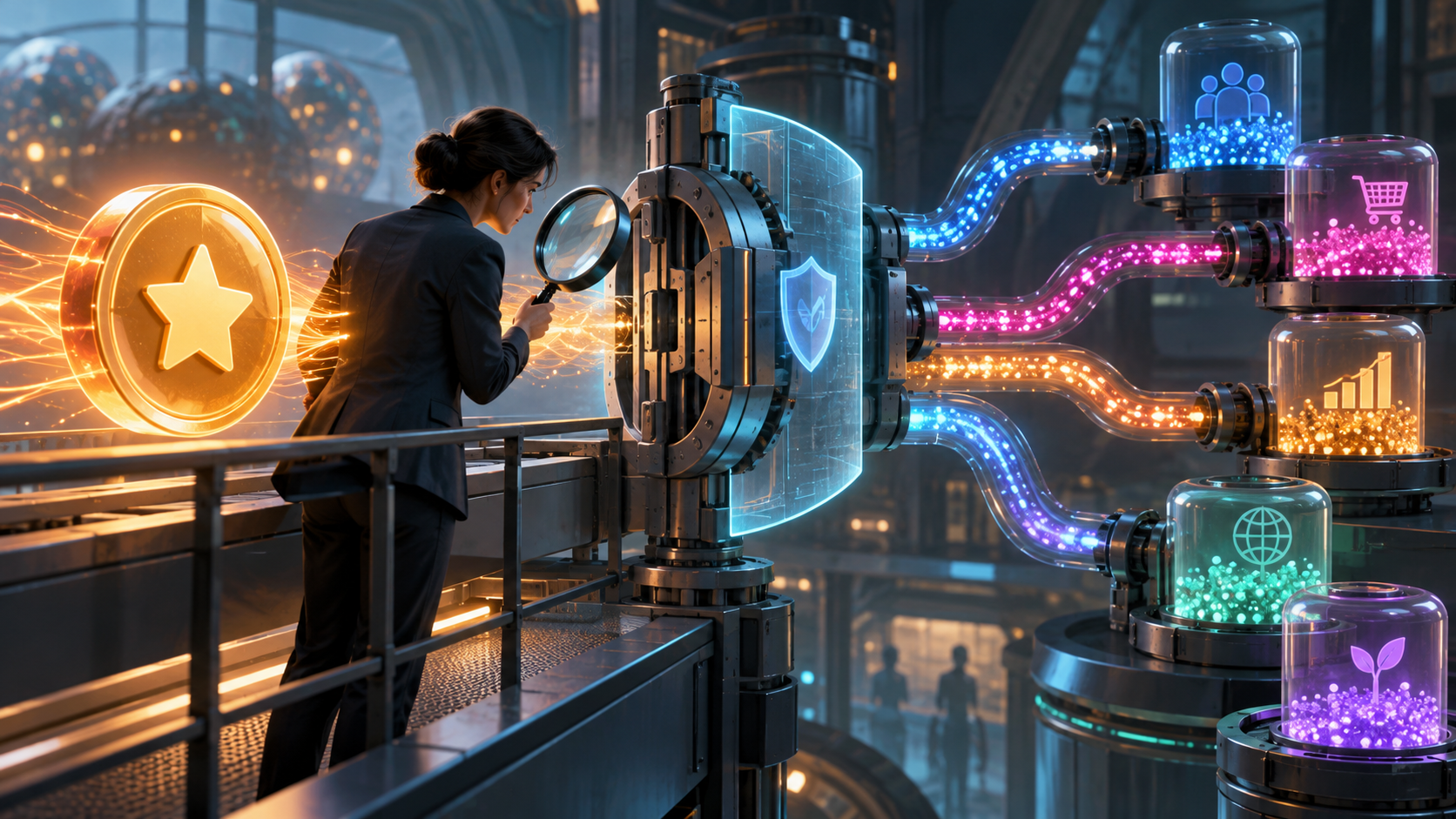 An analyst inspects a glowing recommendation at a decision gate connected to several downstream resource channels.
