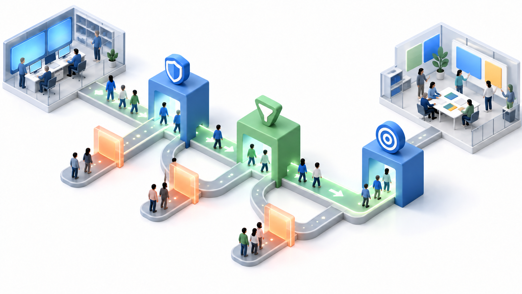 An isometric account-to-campaign pathway connects retailer and advertiser workspaces through eligibility and access checkpoints, while incompatible routes are blocked.