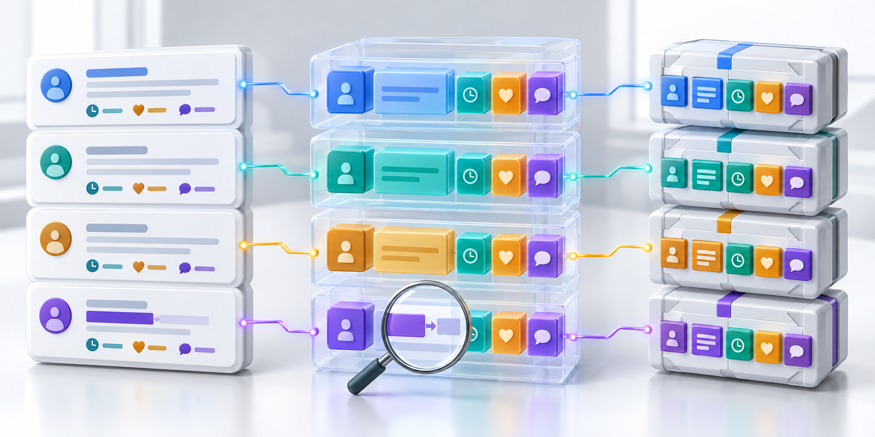 Matching colored data tokens connect a public discussion page, nested data blocks, and submission payload modules.