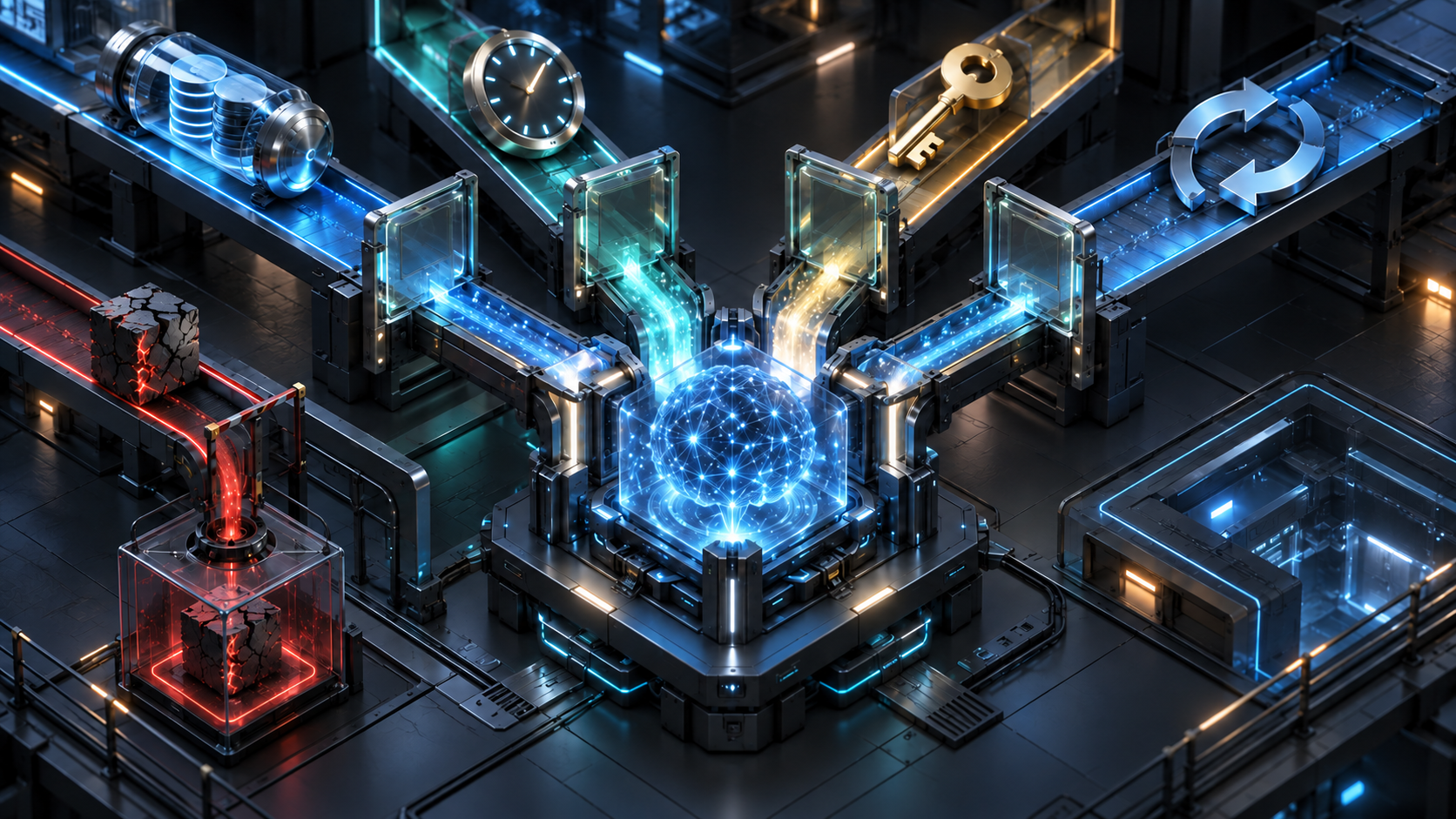 Four validated input channels converge on a glowing AI core while a cracked stale input is diverted into a separate quarantine chamber.