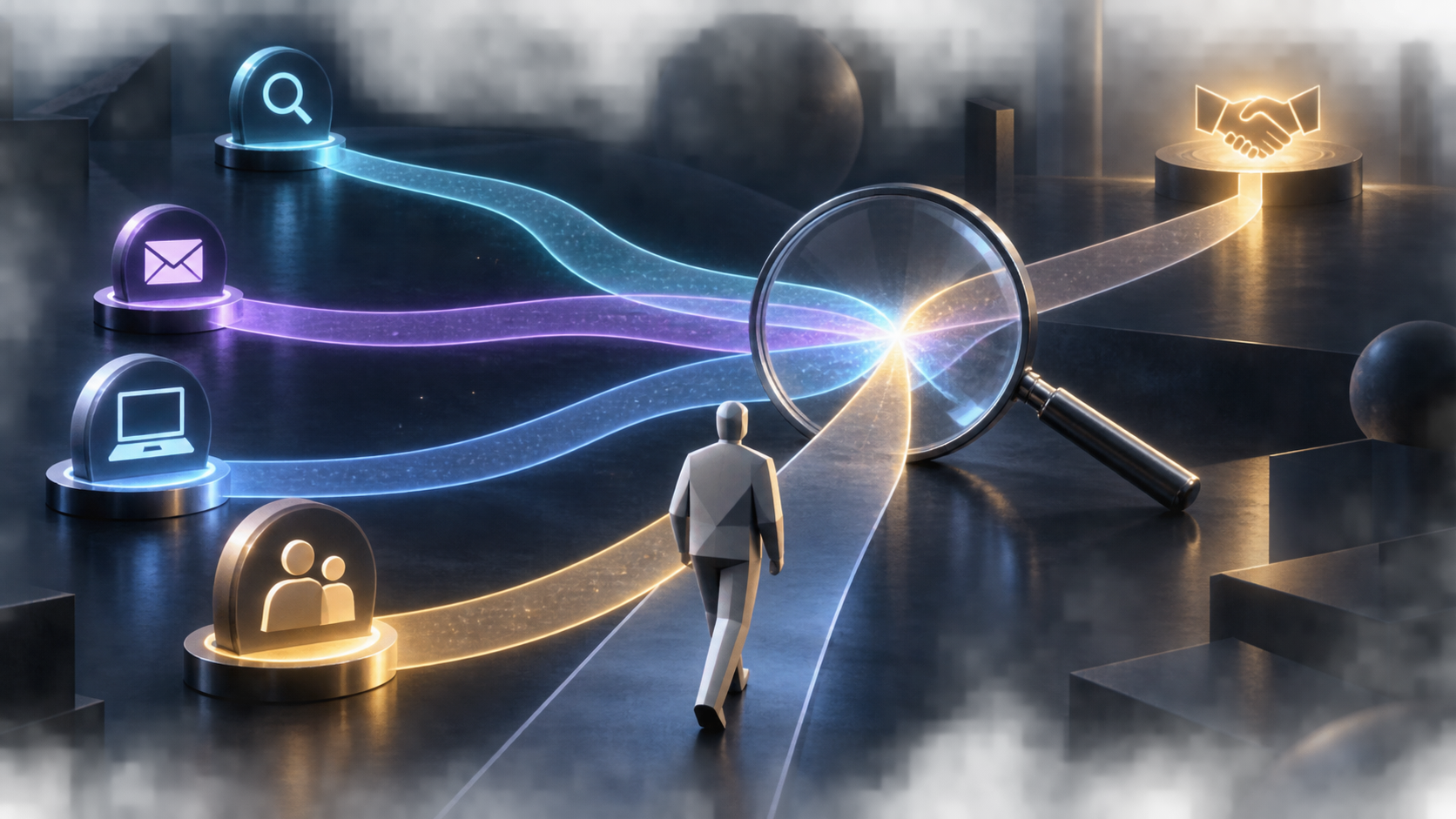 Several illuminated marketing and sales paths converge around a business buyer before reaching a completed deal, with a transparent lens examining the junction.
