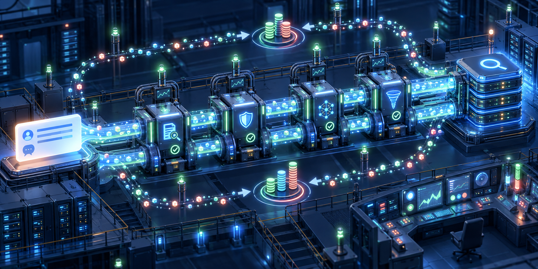 A glowing discussion card moves through validation checkpoints while interaction particles loop back to update token stacks.