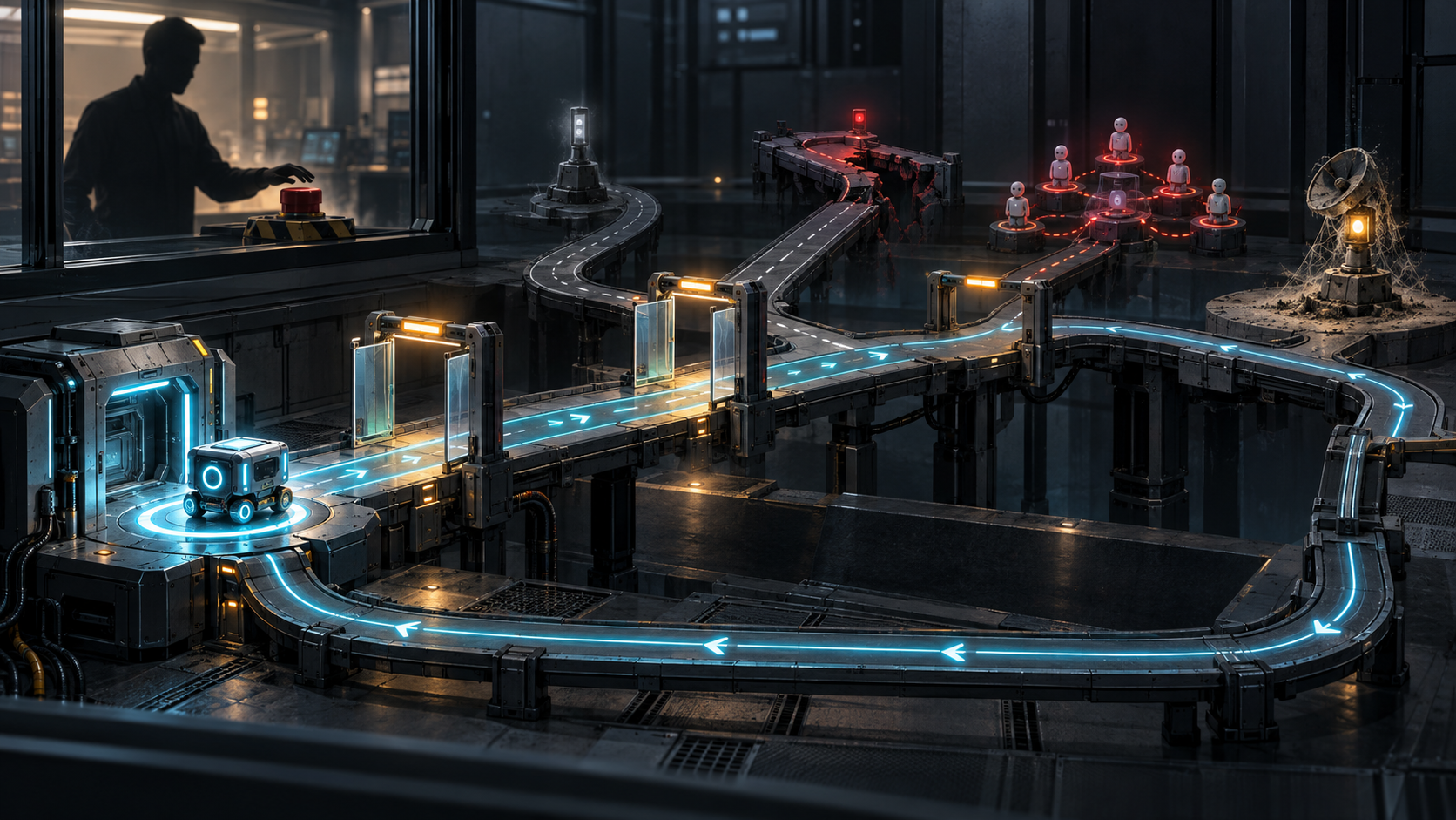 A small autonomous machine is tested on a gated network containing stale signals, a broken bridge, and suspicious traffic nodes while an operator monitors a pause control.