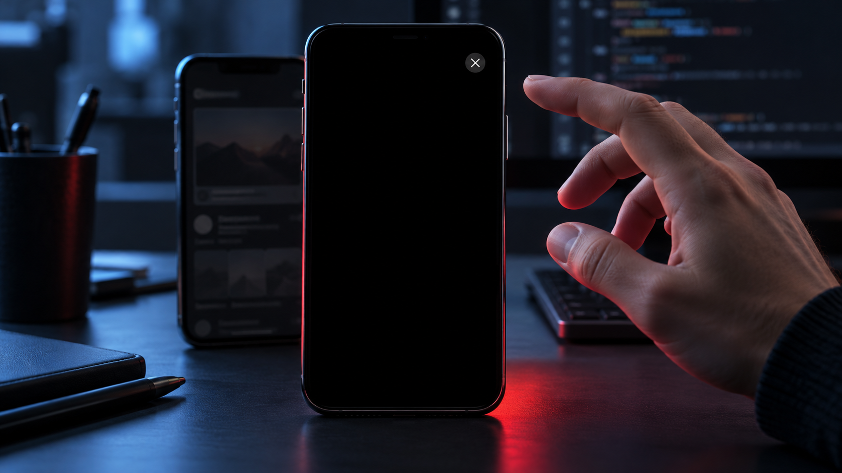 Two generic smartphones on a dark desk, one displaying a solid black full-screen ad layer with an unresponsive close control.