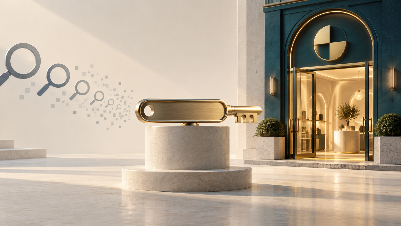 A metal key on a pedestal connects fading magnifying-glass symbols to a distinctive illuminated storefront.