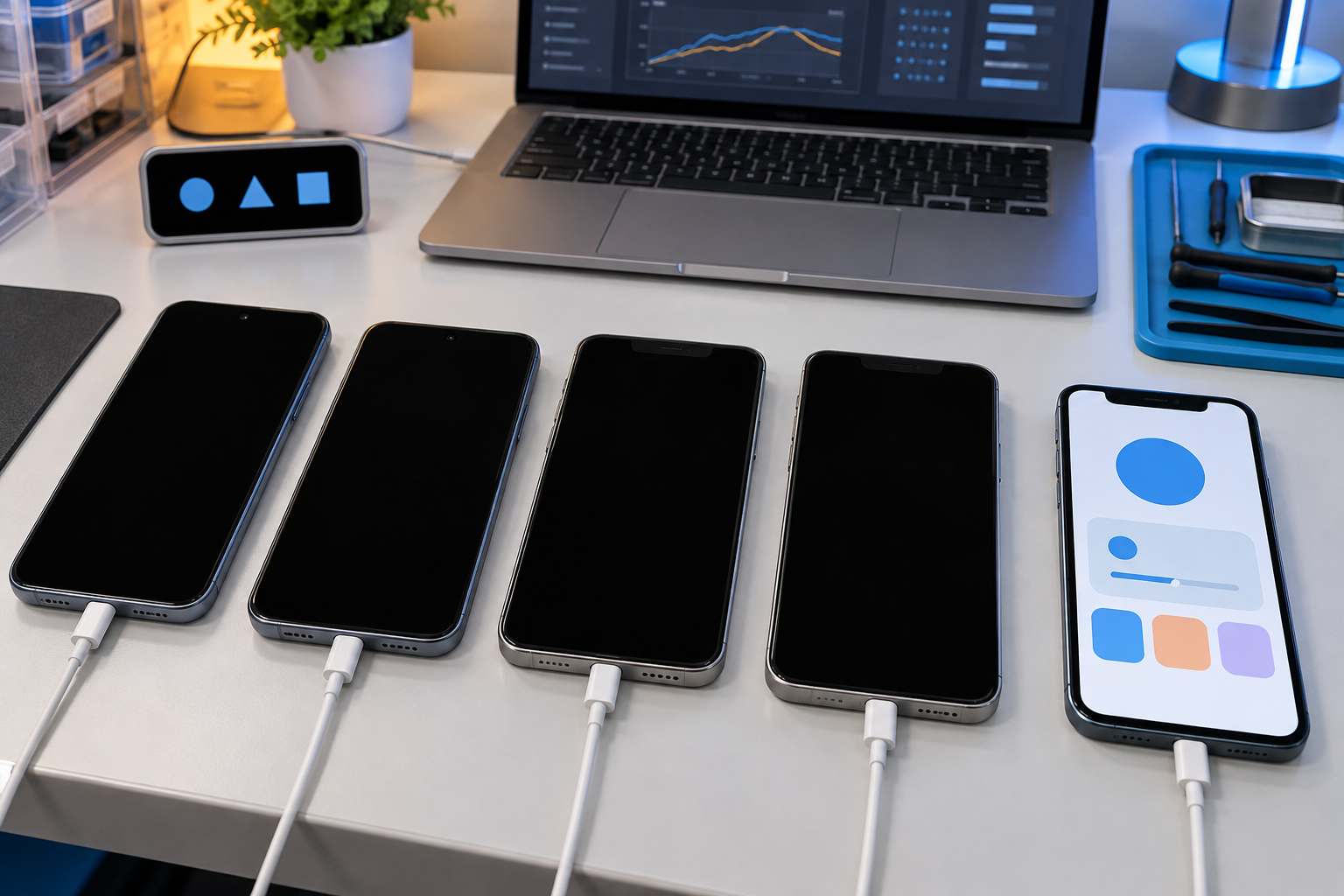 Four test phones show matching black full-screen ad failures while a separate control phone displays a normal app interface.