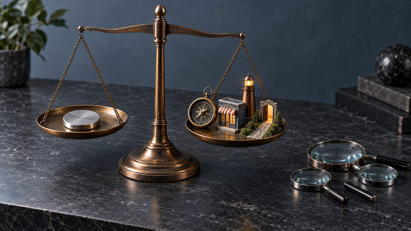 A balance scale weighs a web-address token against symbols of strategy, commerce, recognition, and direct navigation while magnifying glasses sit aside.