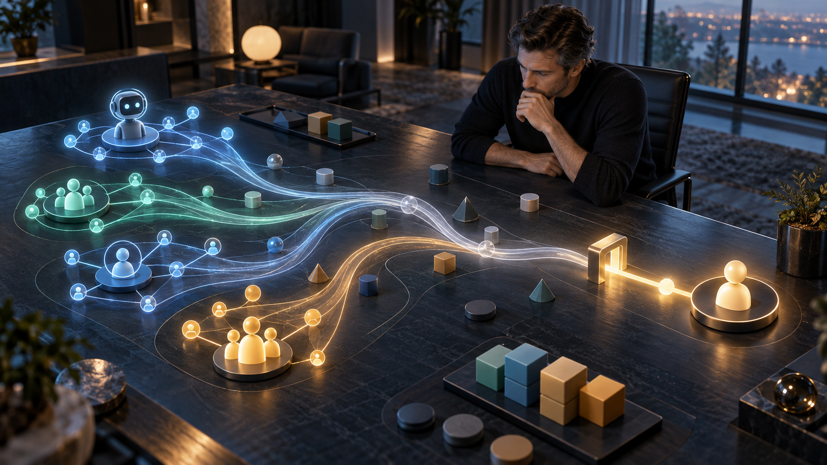 A strategist studies a tabletop buyer-journey model where several glowing influence paths converge on a customer decision, but only the final path passes through an analytics gateway.