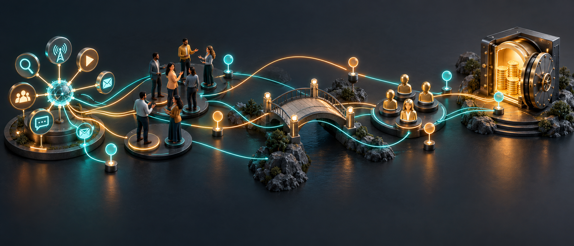 An isometric model shows discovery networks, engaged audiences, site visits, opportunities, and revenue connected by light paths, including paths that largely bypass the visit stage.
