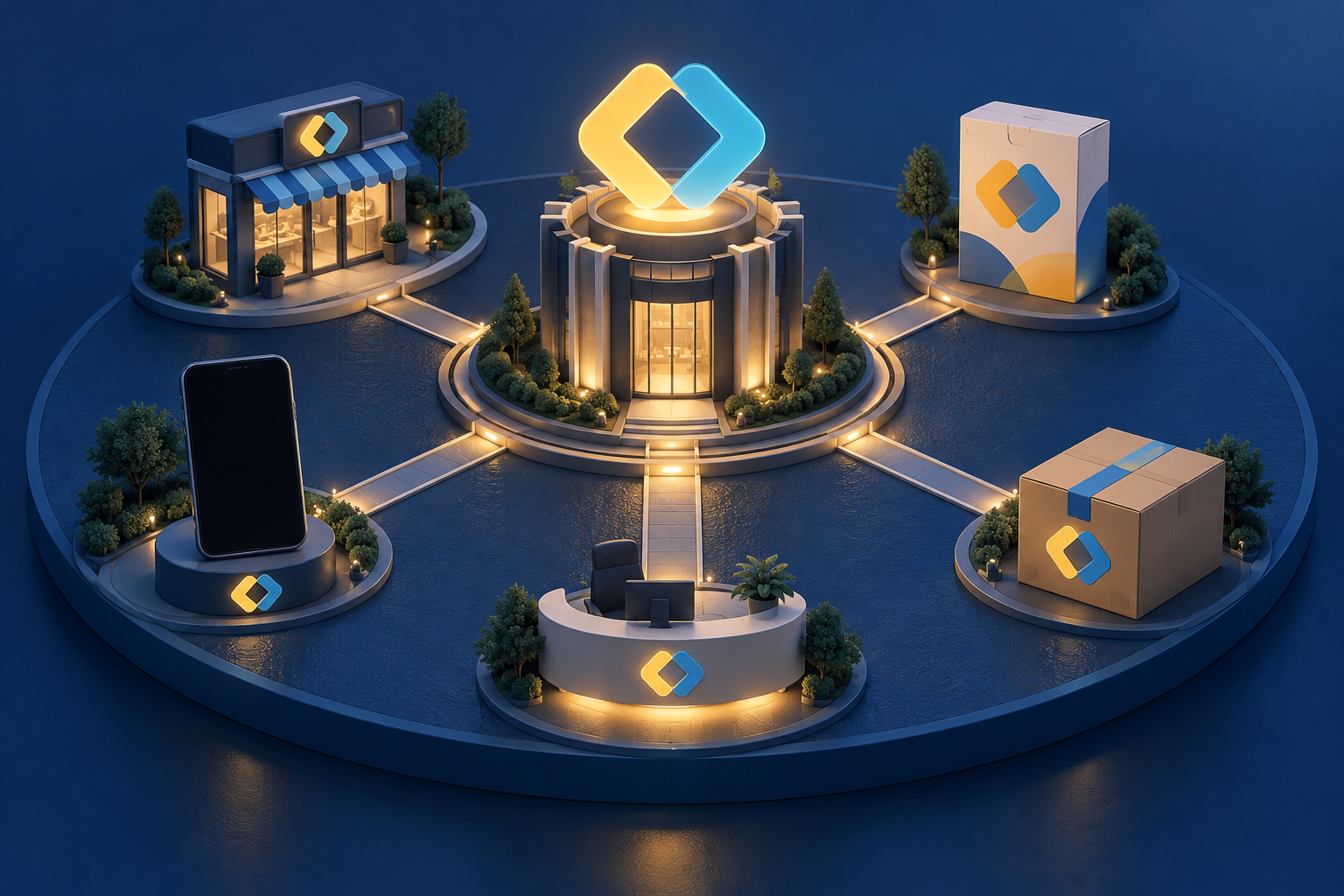 A central geometric emblem connects to a storefront, package, mobile device, support desk, and parcel that share the same visual motif.