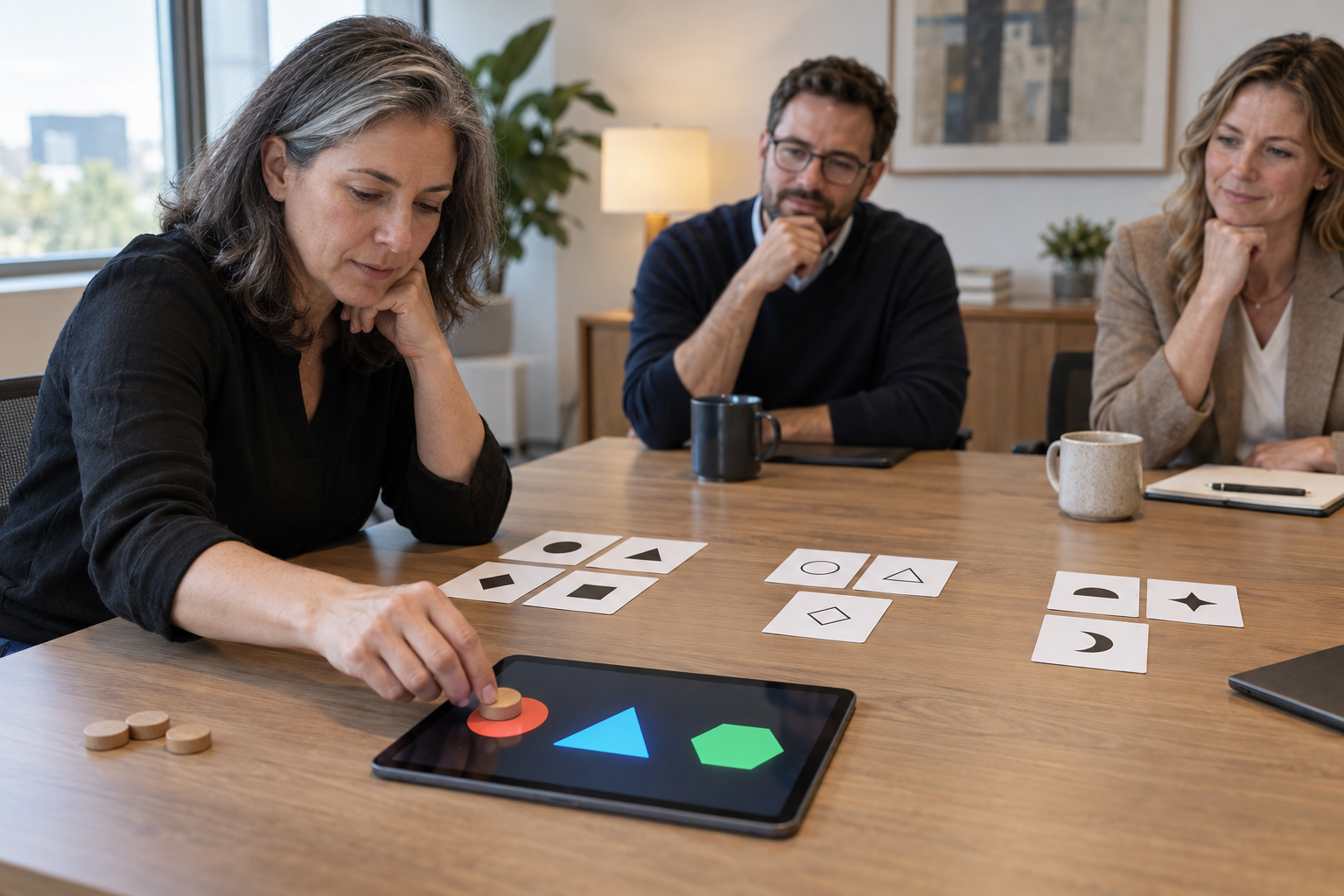 A candidate sorts ambiguous evidence cards and selects one resource token while two interviewers observe.