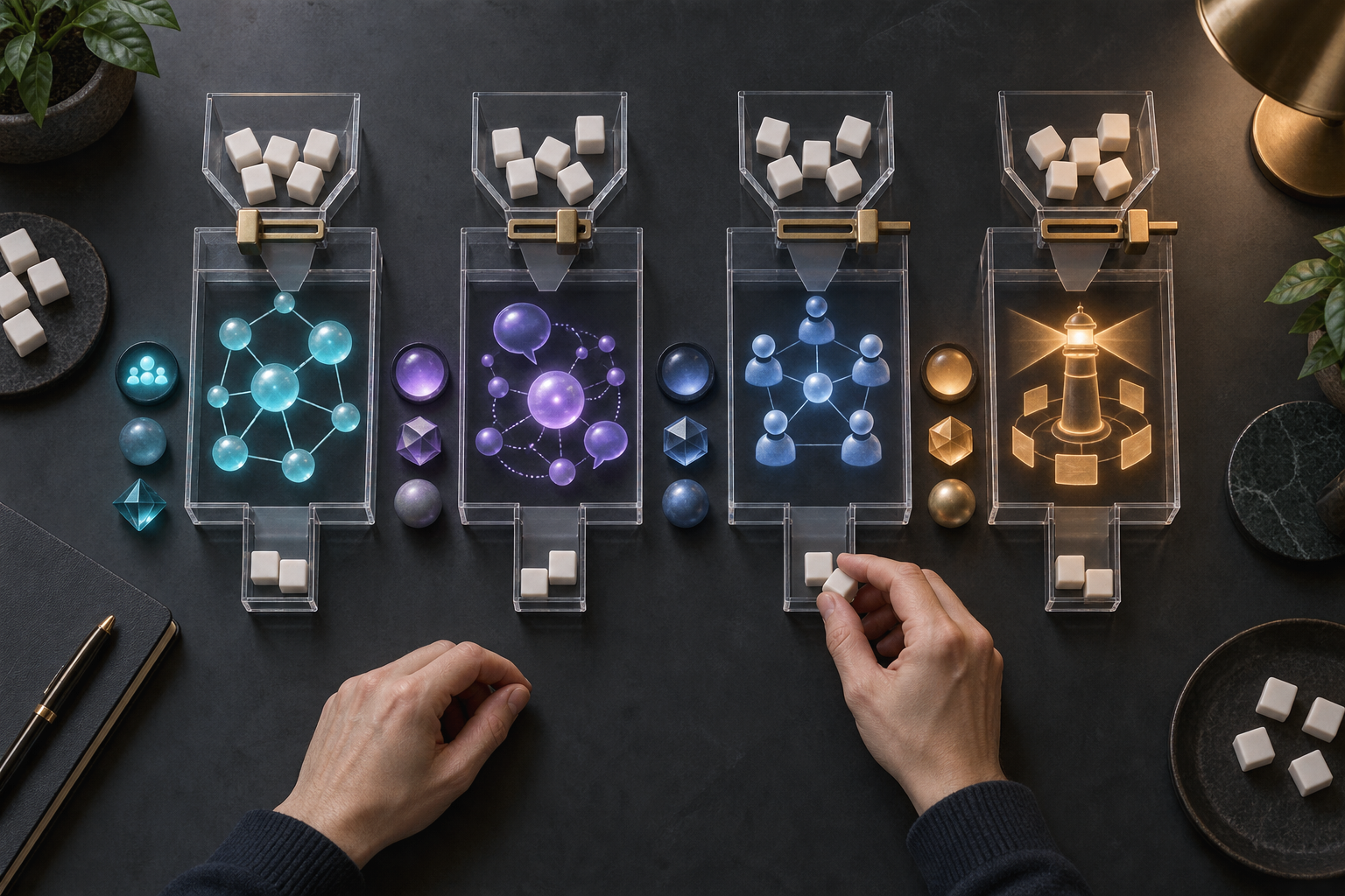 An analyst compares several controlled experiment chambers containing community, AI, peer-network, and publishing models, each surrounded by glowing signal markers and limited resource blocks.