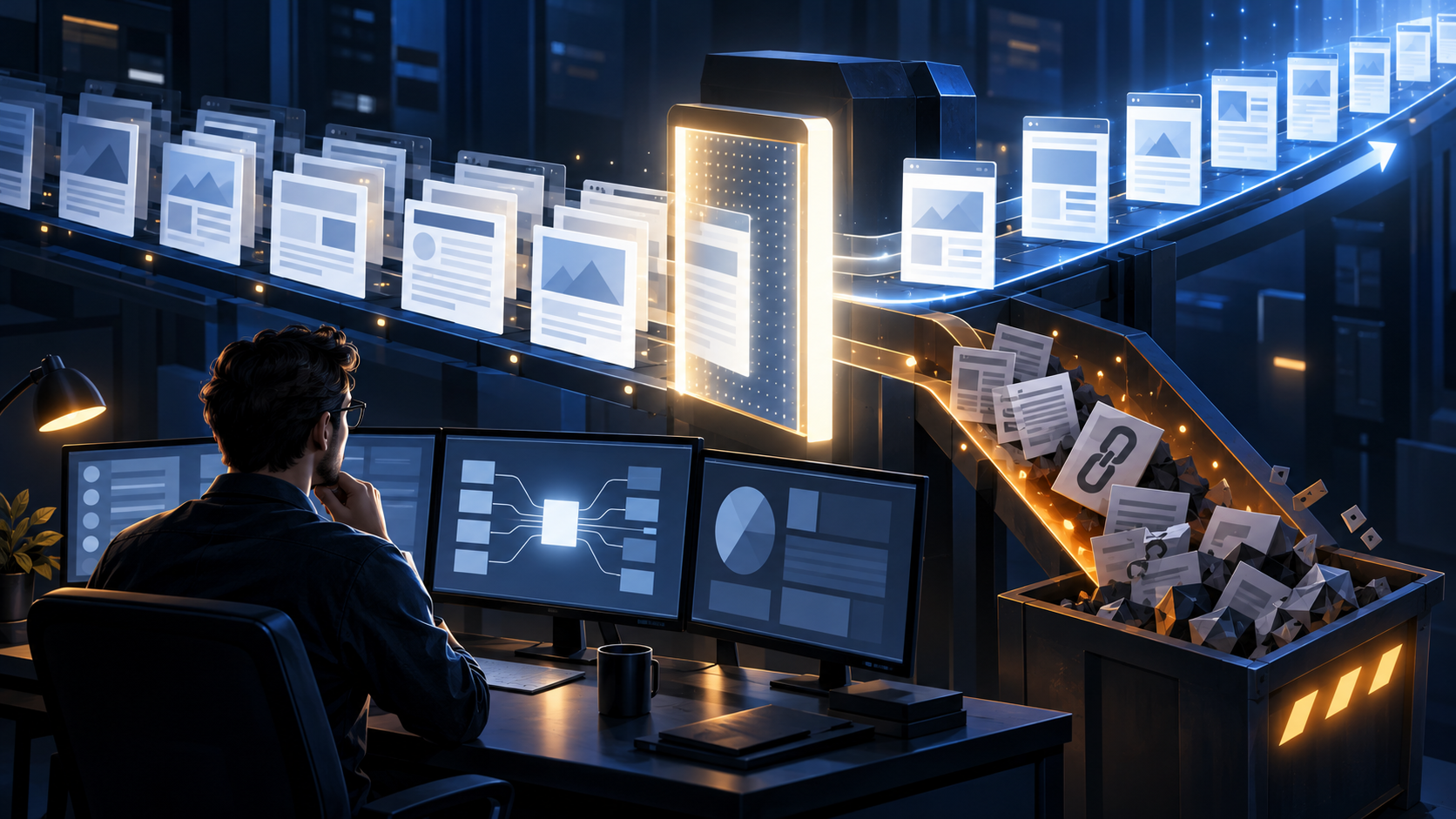 An analyst watches abstract web pages pass through a glowing filter that separates orderly pages from duplicate and broken content.