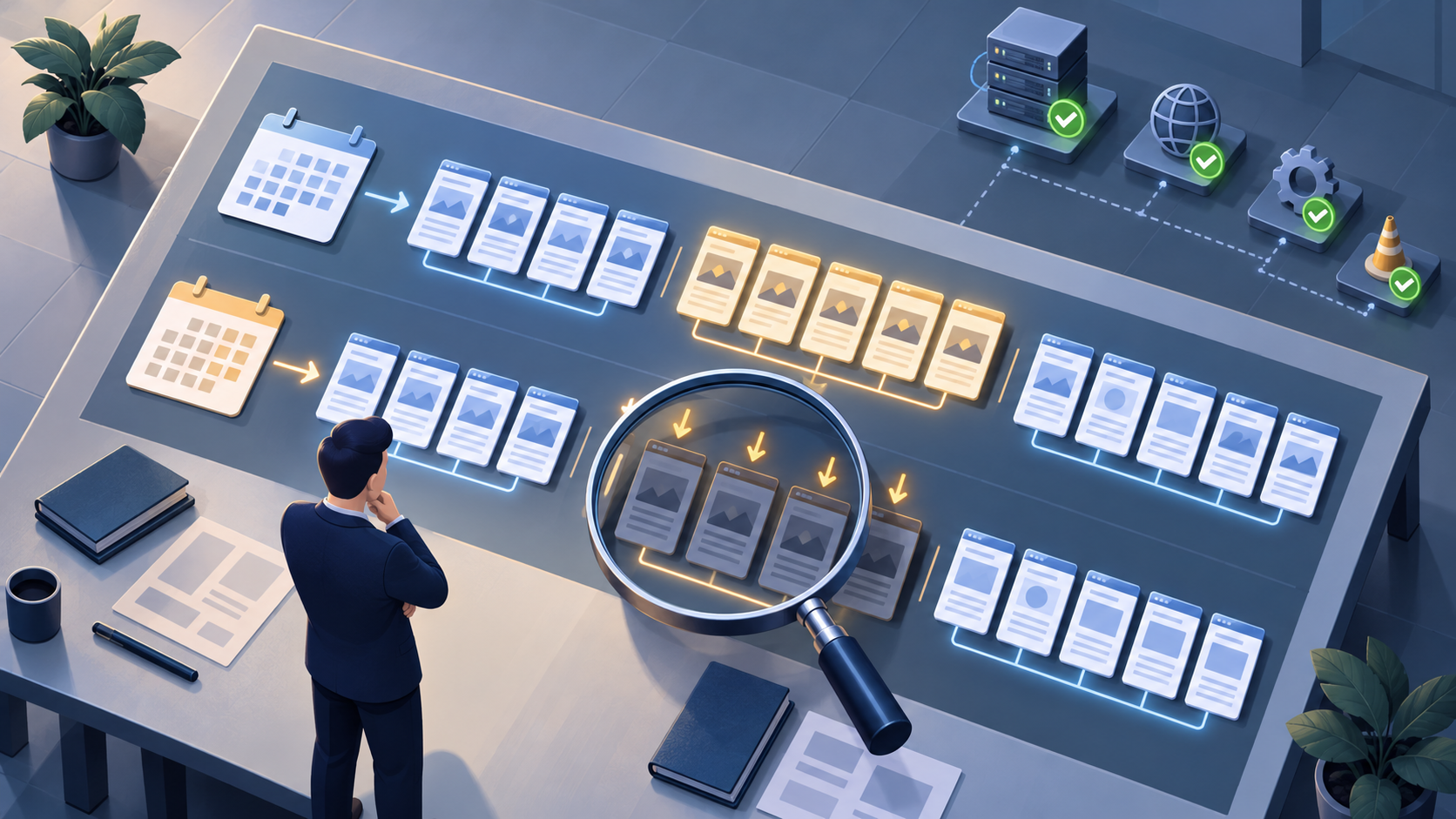 An analyst compares two groups of abstract web pages and uses a magnifying glass to inspect a cluster that dimmed together.