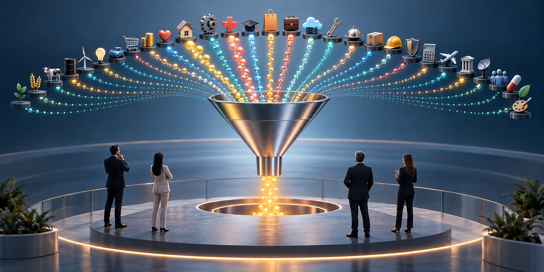 Editorial illustration of many industry symbols sending different-sized streams of tokens into a central marketing funnel while analysts compare them.