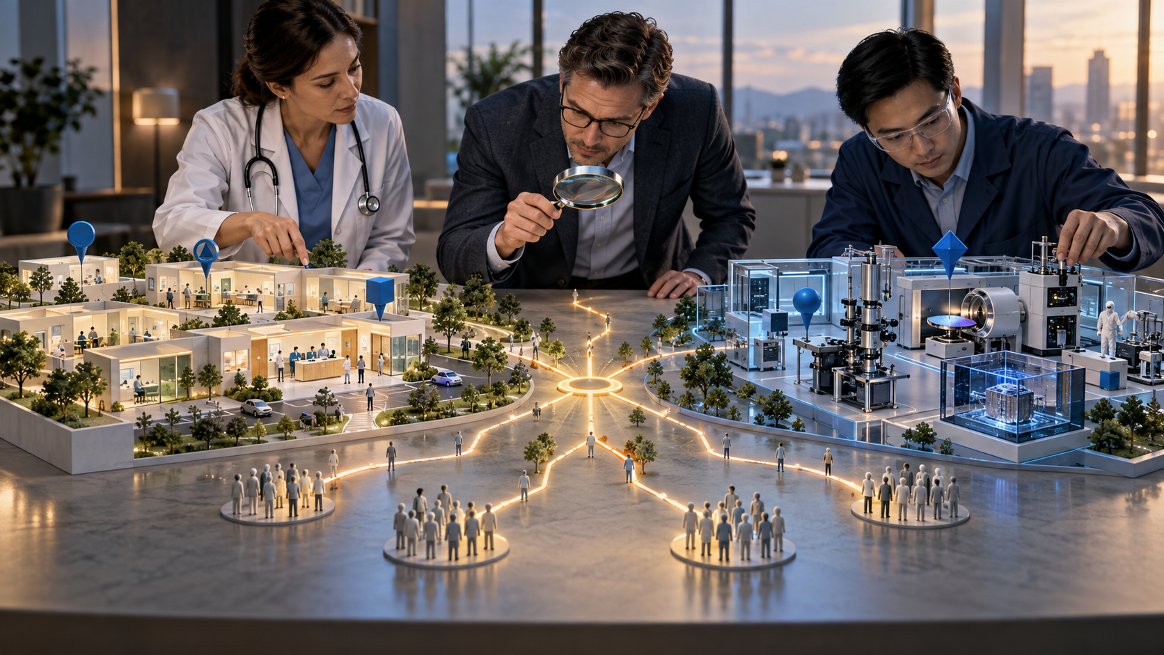 A strategist, clinician, and engineer examine connected tabletop models of a healthcare clinic and a technology laboratory.