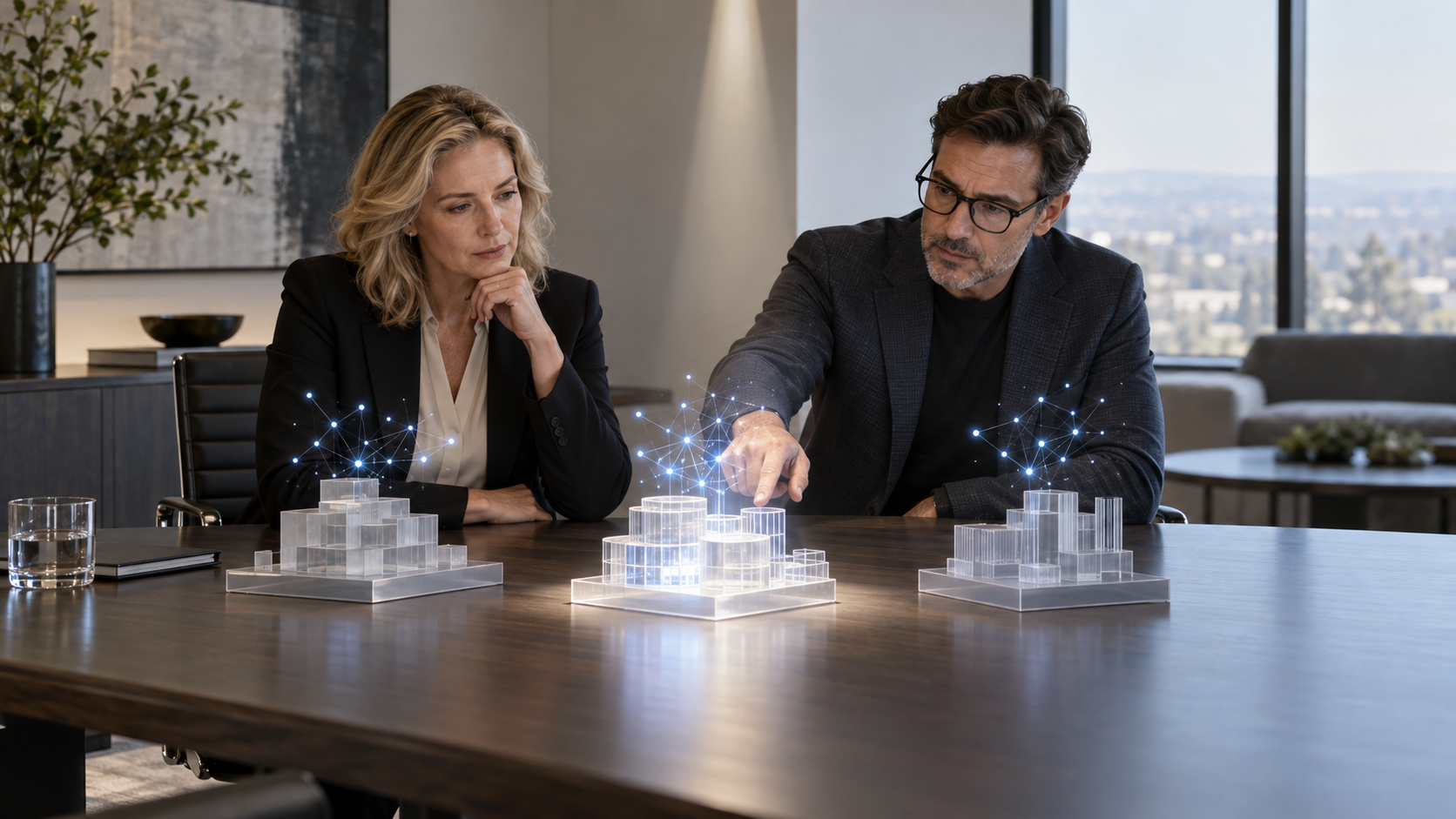 Two business professionals compare three translucent models with abstract glowing network patterns on a conference table.