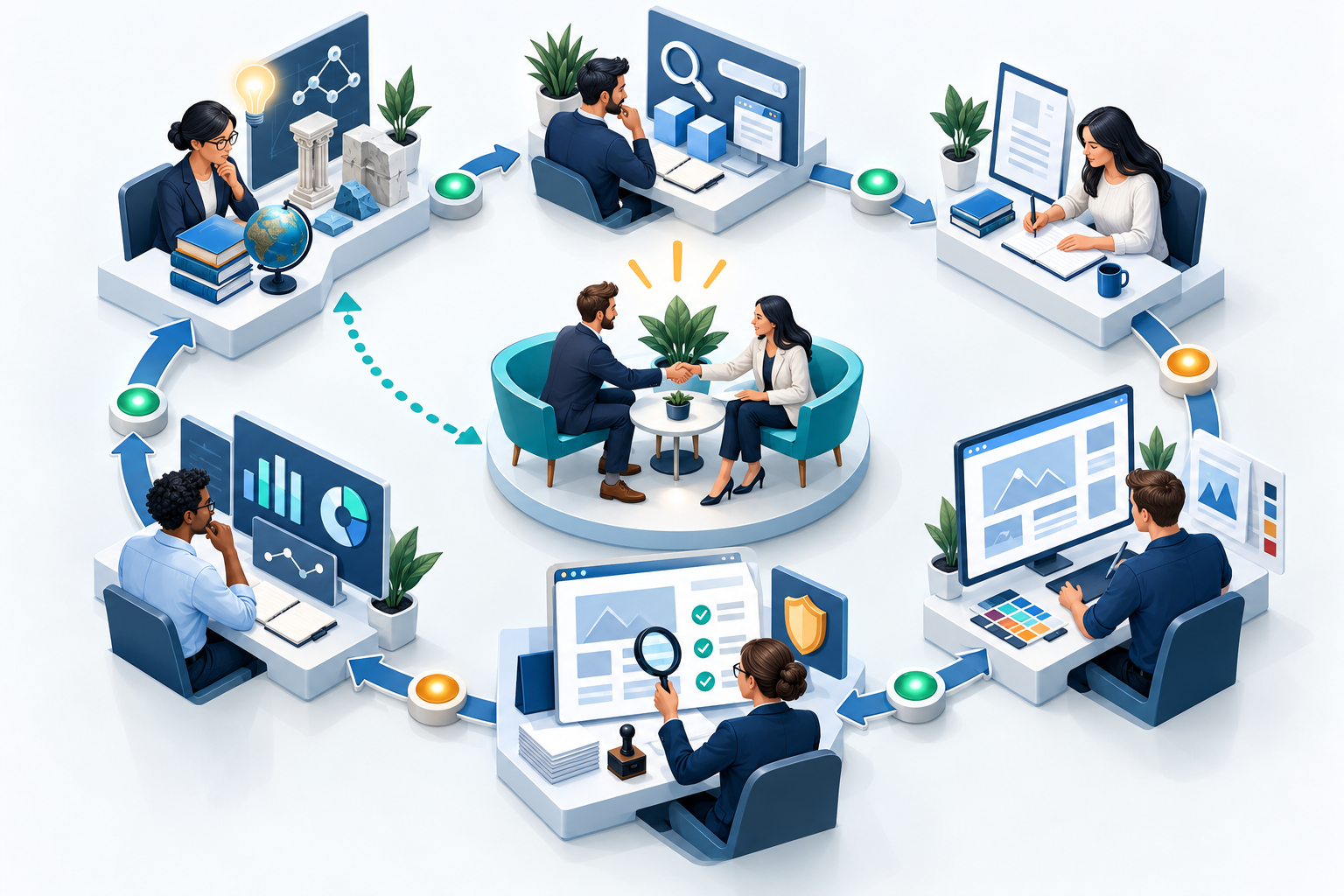 An isometric team of specialists works at connected stations around a circular content review and approval process.