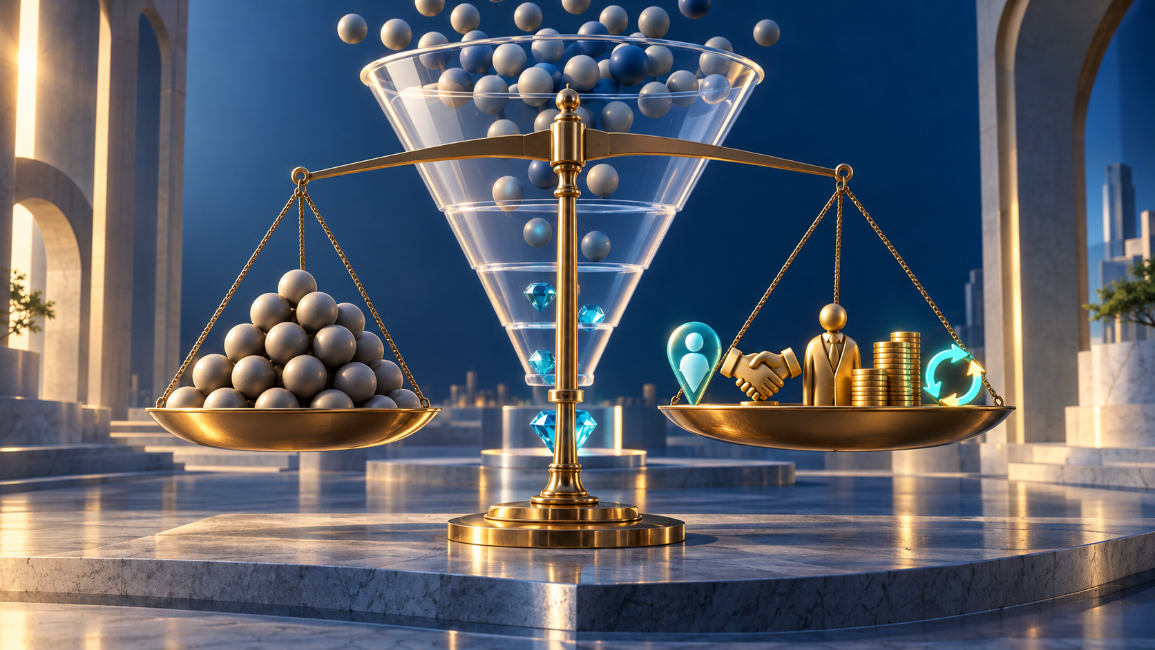 A balance scale weighs acquisition tokens against a customer journey, with a transparent funnel filtering many lead spheres into a few valuable gems.