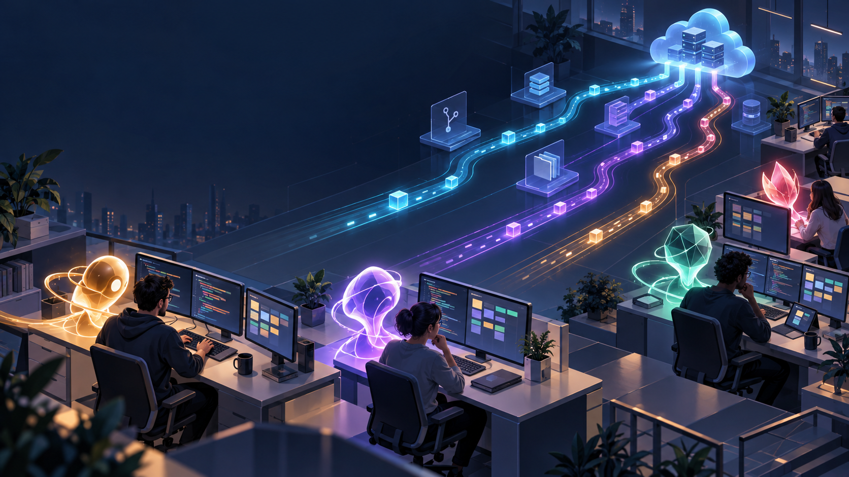 Developers use several glowing AI assistants across terminal, code editor, planning, and cloud workflows in a futuristic workspace.