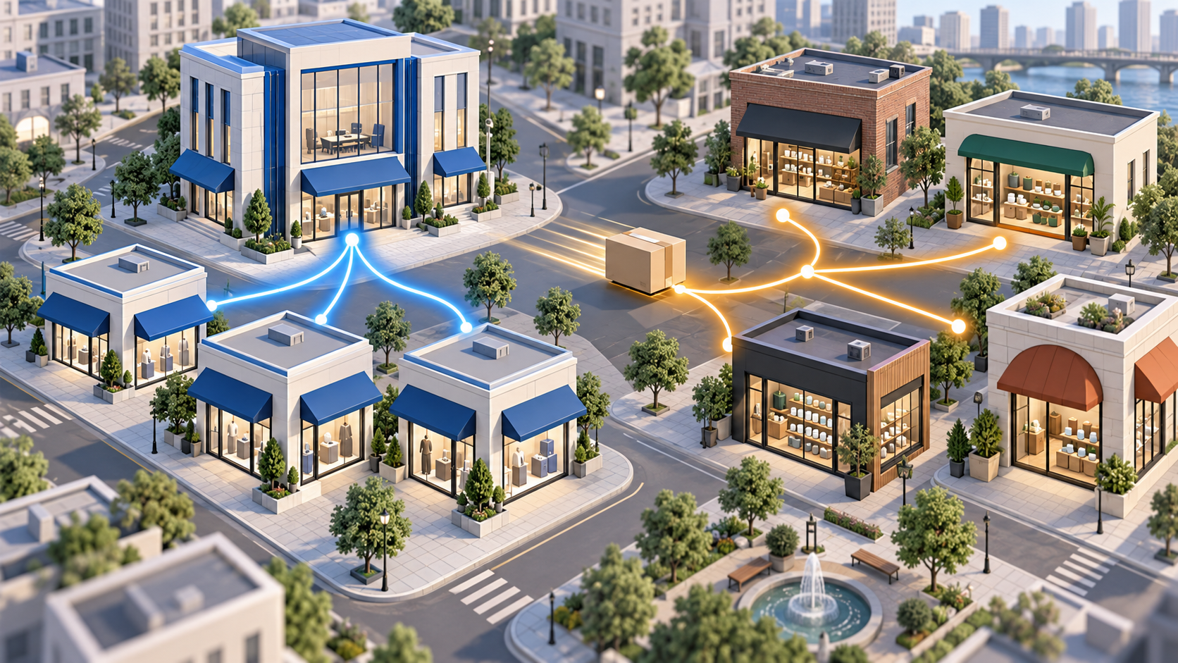 A split retail scene contrasts directly managed business locations with products sold through independent third-party stores.