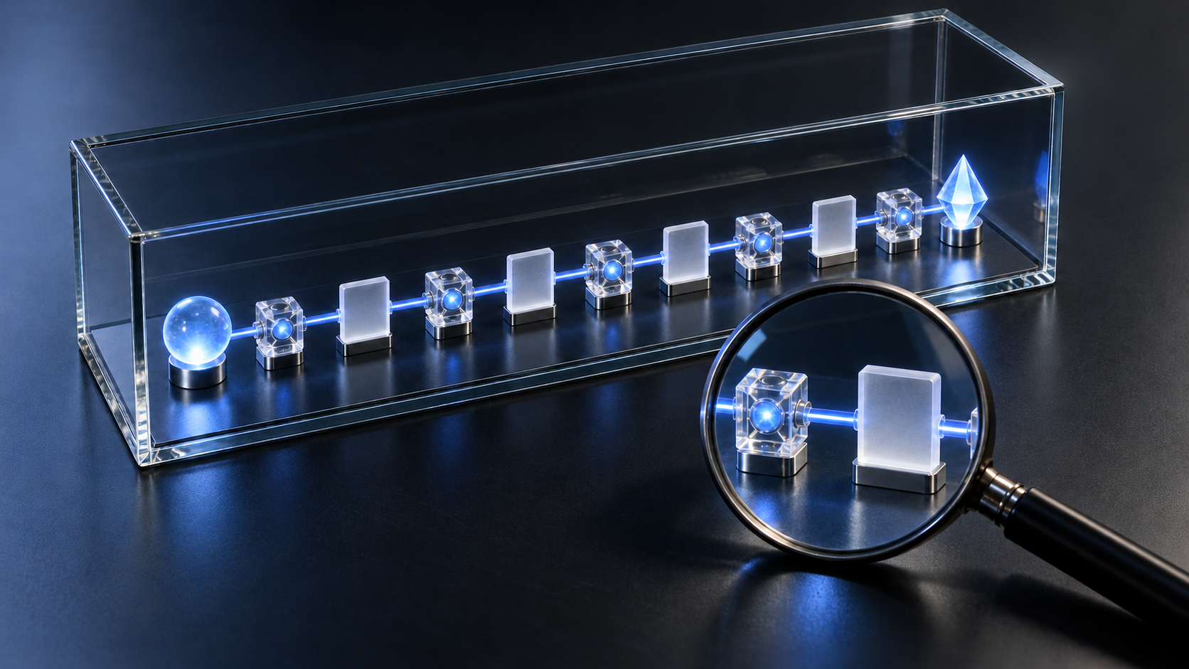 A magnifying lens rests beside a glass box containing a visible sequence of connected nodes and document-shaped tiles.
