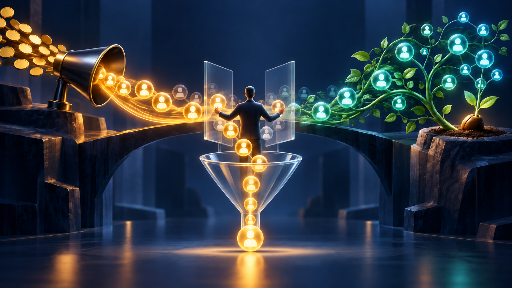 A strategist compares a token-powered megaphone with a growing network of vines as both channels send leads toward a central sales funnel.