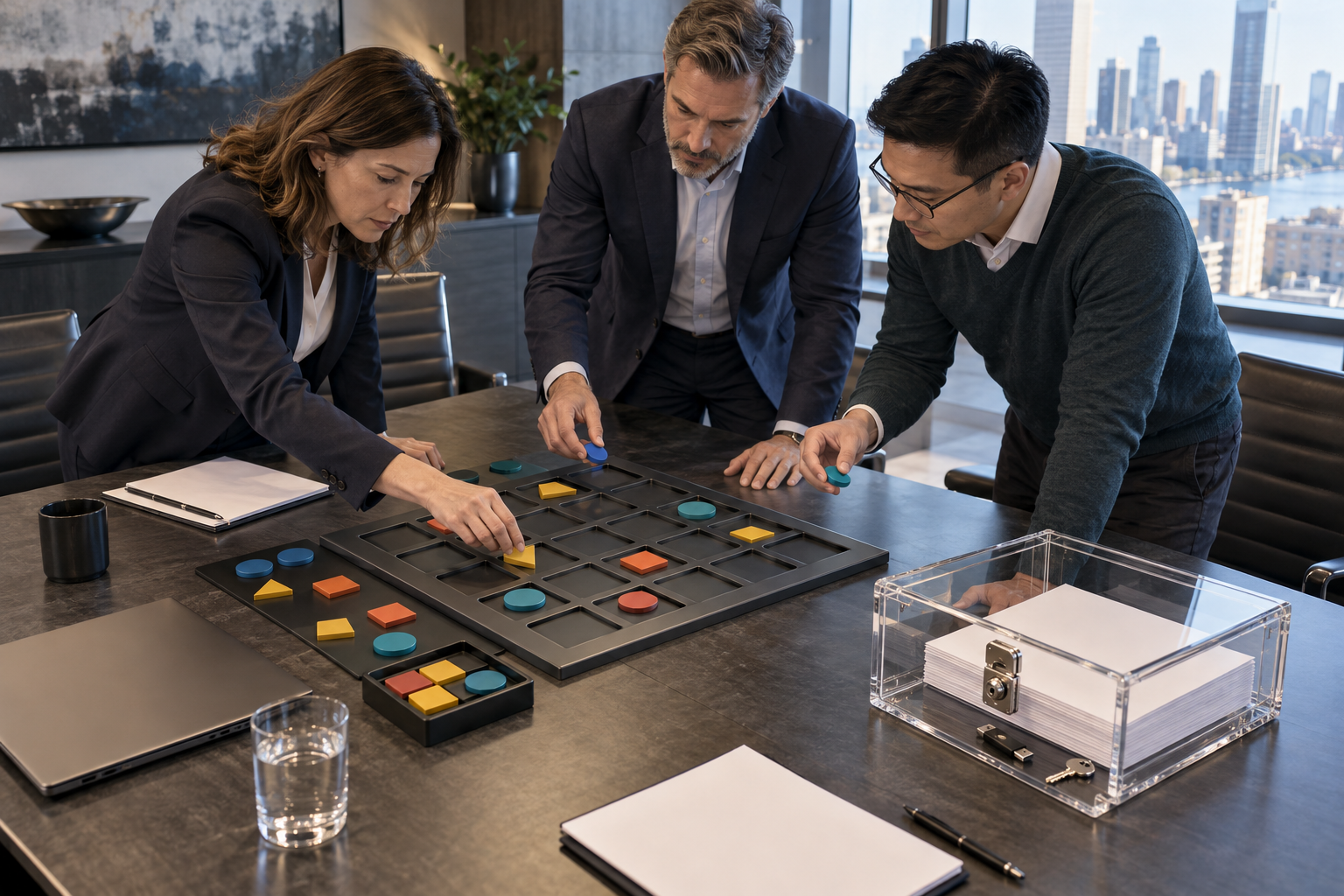Three professionals arrange colored tokens in a blank evaluation grid beside a locked case holding documents and a data drive.