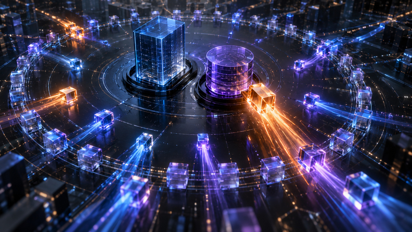 Large central technology nodes and smaller fast-moving nodes compete inside a glowing circular digital arena.