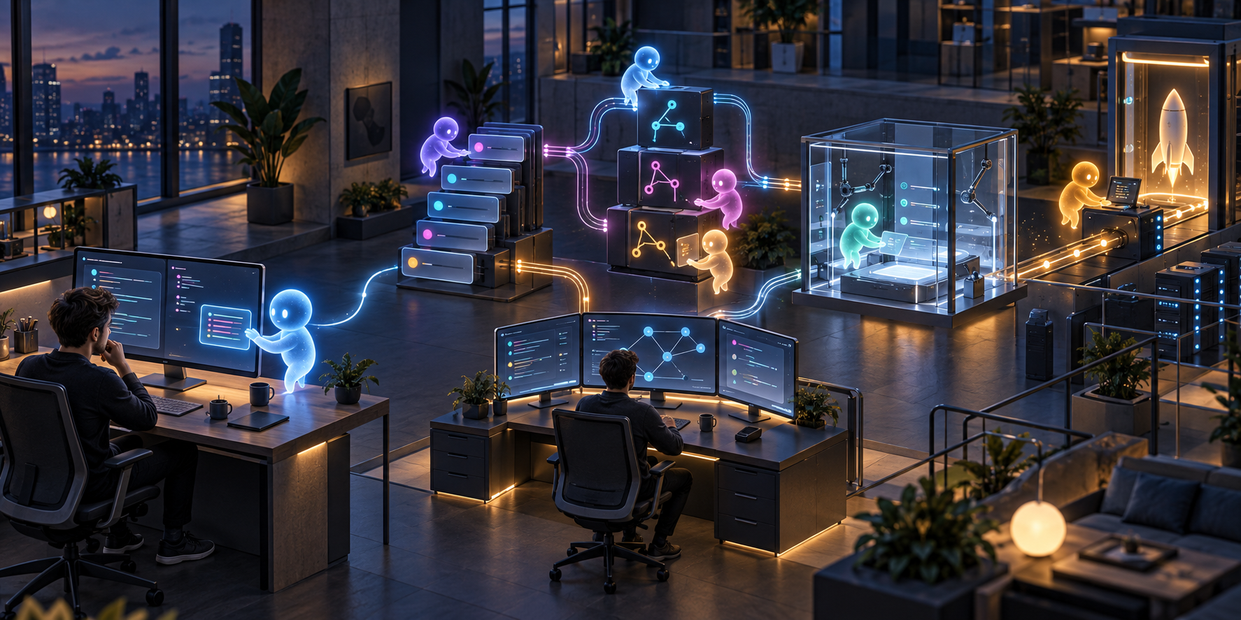 A developer moves from receiving one code suggestion to supervising AI agents that coordinate coding, testing, and deployment tasks.
