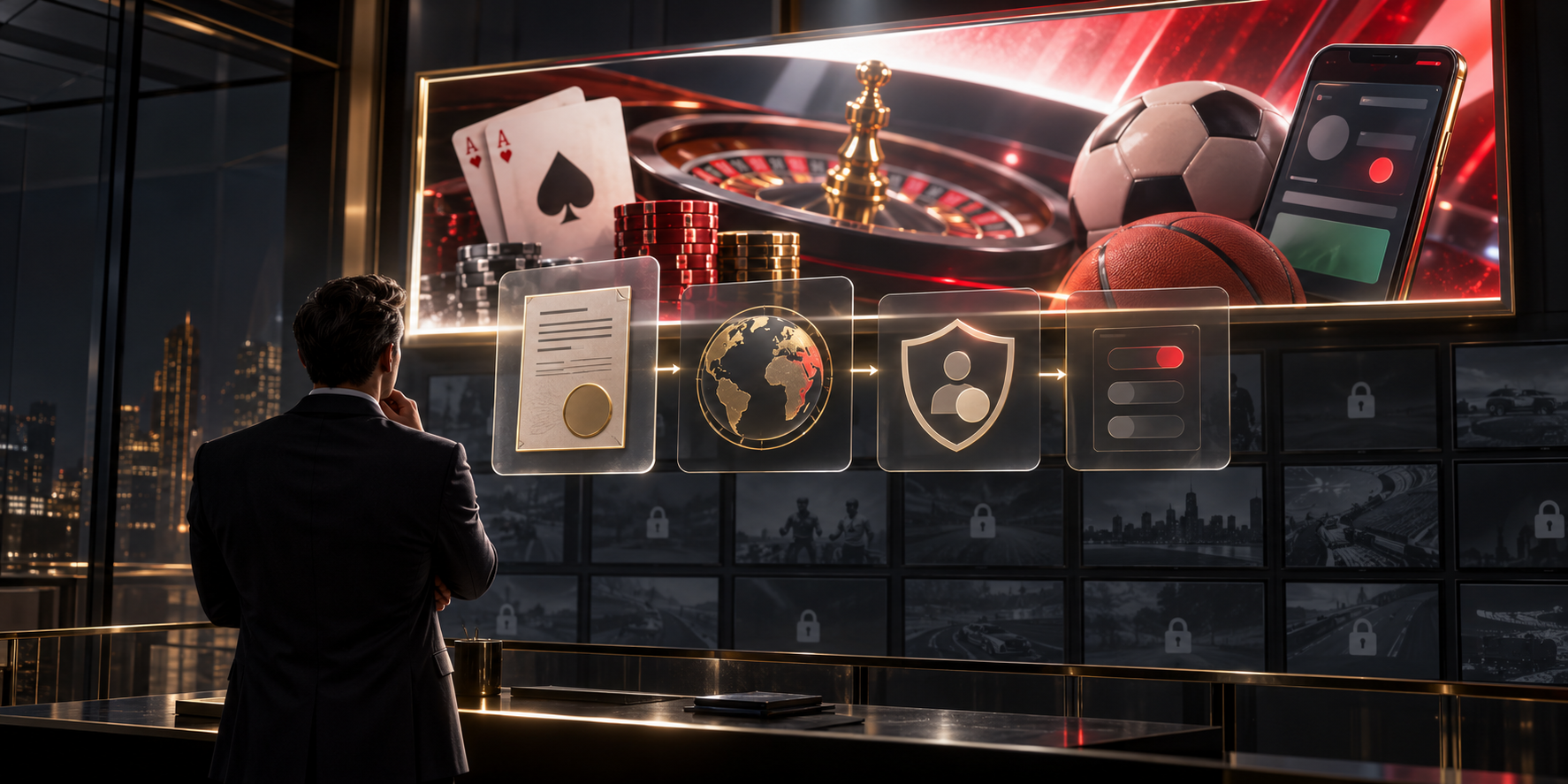 A media buyer faces a large illuminated video billboard through licence, jurisdiction, age-verification, and approval checkpoints, with gambling-related objects behind glass.