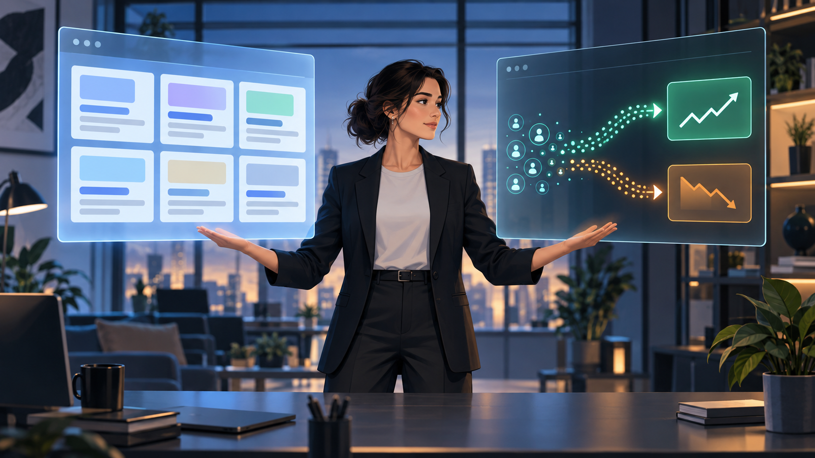 A campaign strategist compares abstract AI ad previews with two streams of live click activity in a digital workspace.