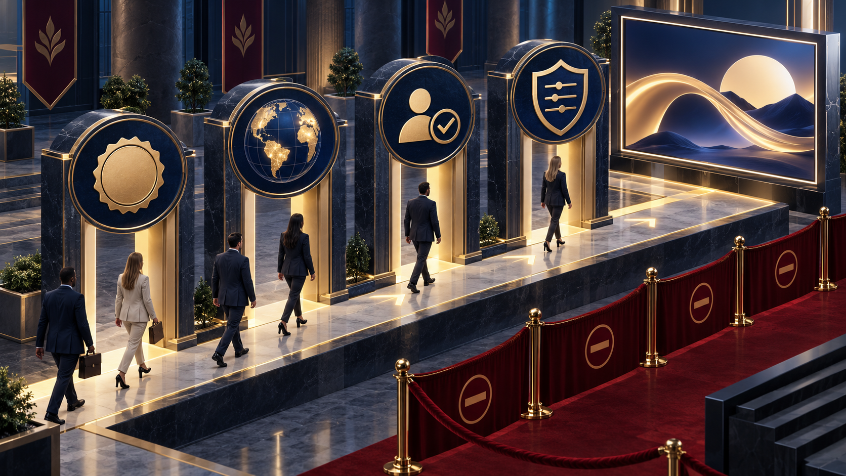 An advertiser passes through four gates symbolizing licensing, jurisdiction, registration, and campaign controls on the way to a premium video screen.