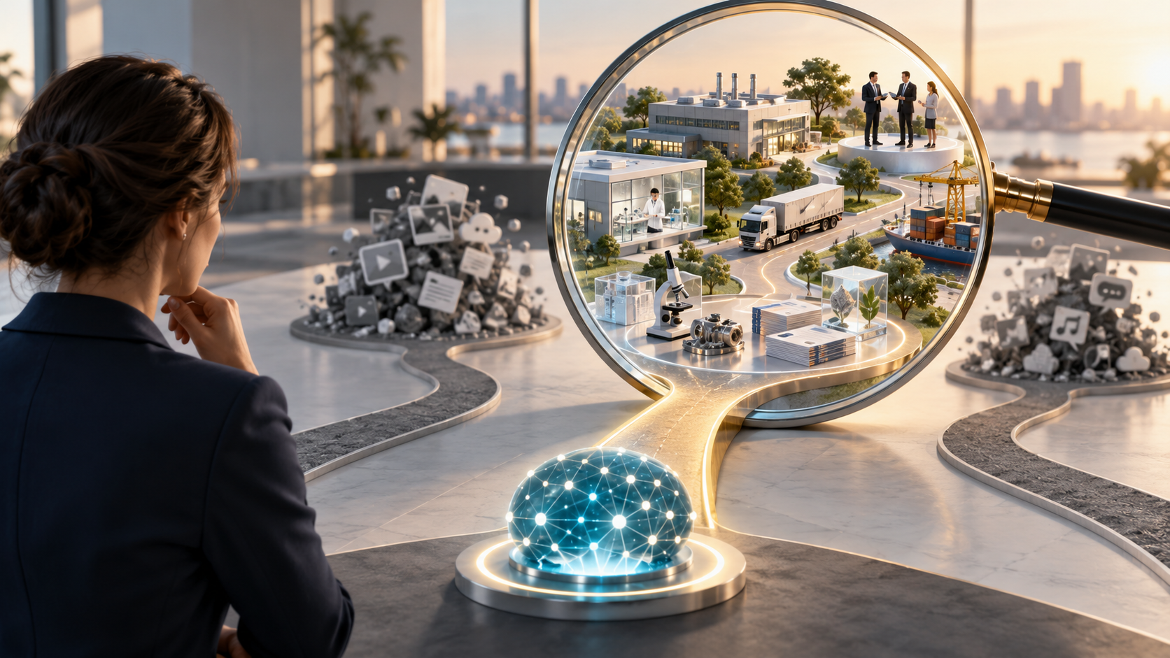A decision-maker uses a transparent lens to examine three agency pathways, with one sharply connecting an AI network to detailed industry environments and evidence.
