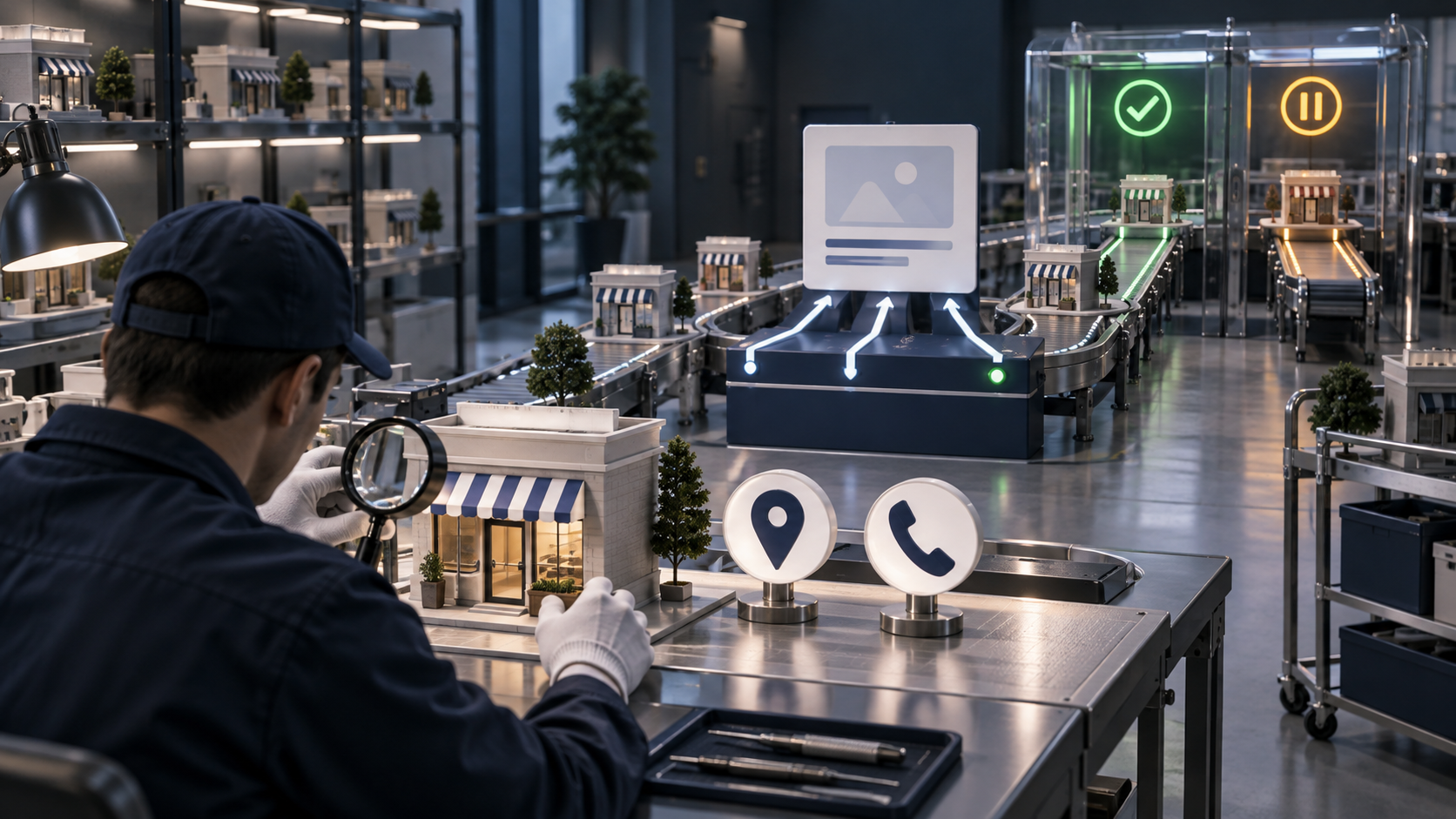 A three-stage inspection line checks a storefront listing, location routing controls, and a final eligibility gate.