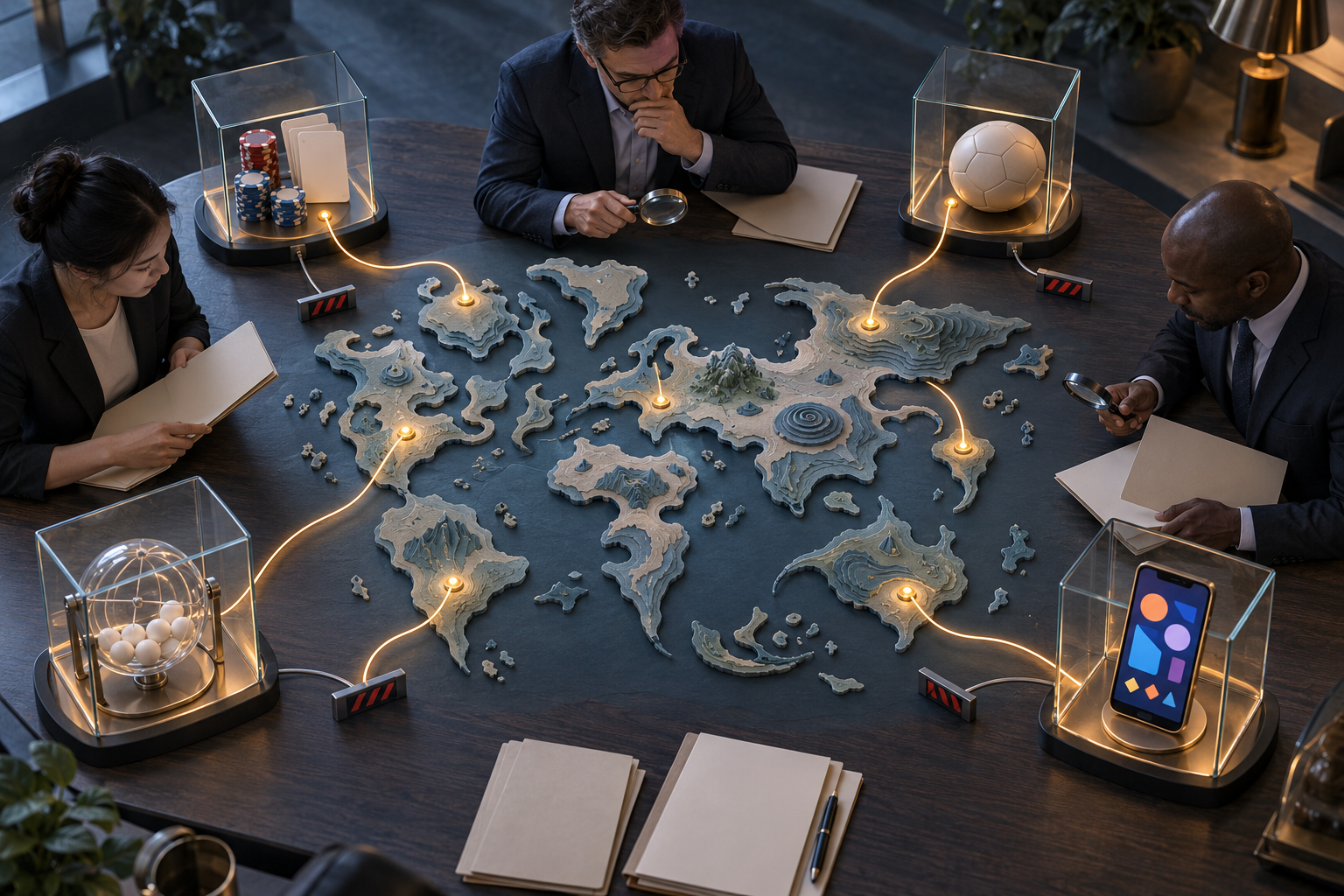 A compliance team reviews connections between different gambling products and selected regions on an unlabeled tabletop map.