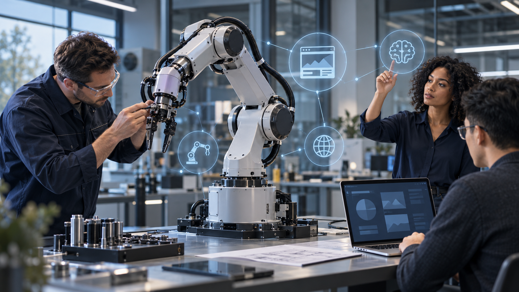 An industrial robotic arm in a modern engineering workspace with a team examining the machine, a laptop, and abstract digital connection nodes.