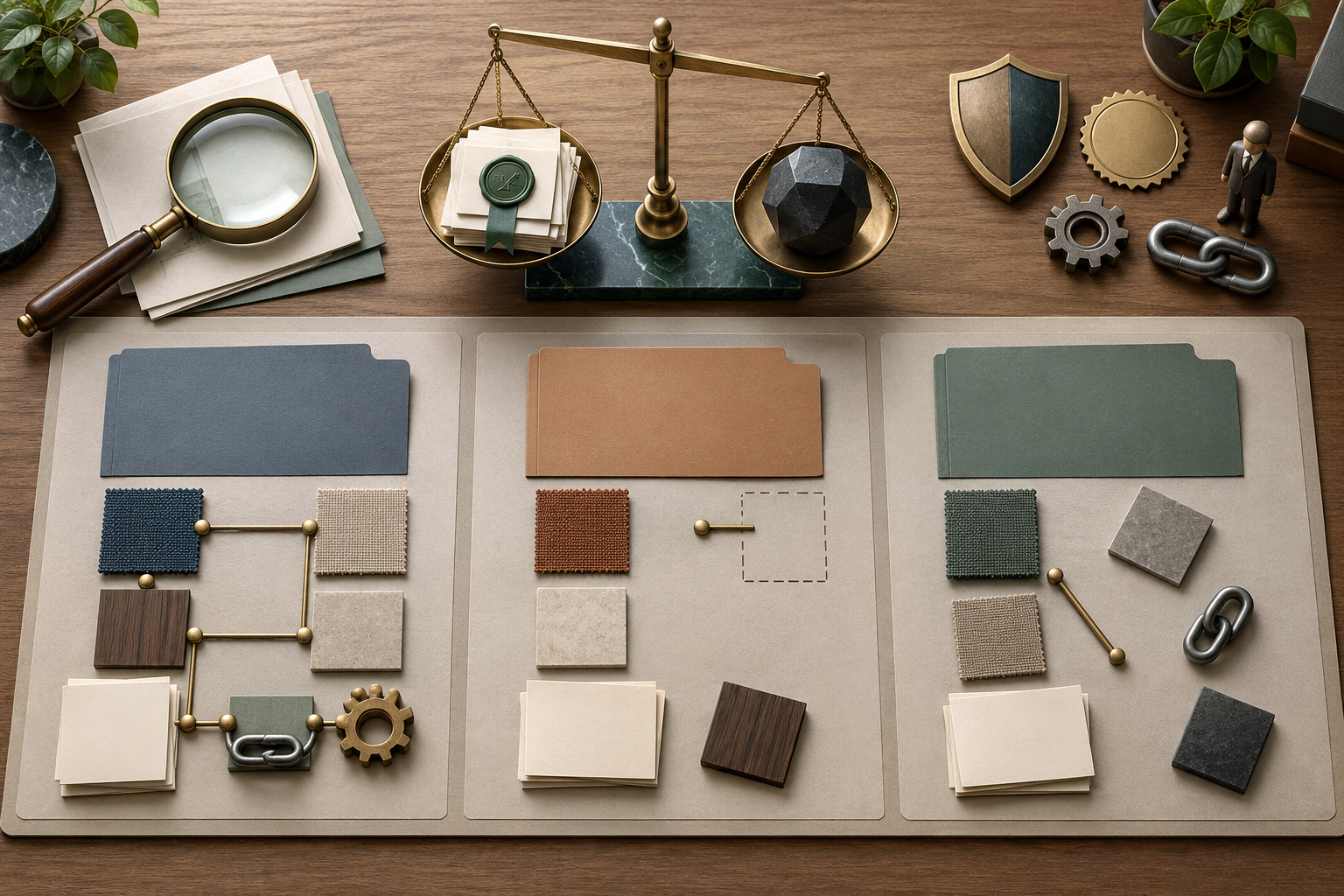 An overhead evaluation table shows three anonymous agency portfolios surrounded by evidence, compliance, buyer, operational, and risk objects.