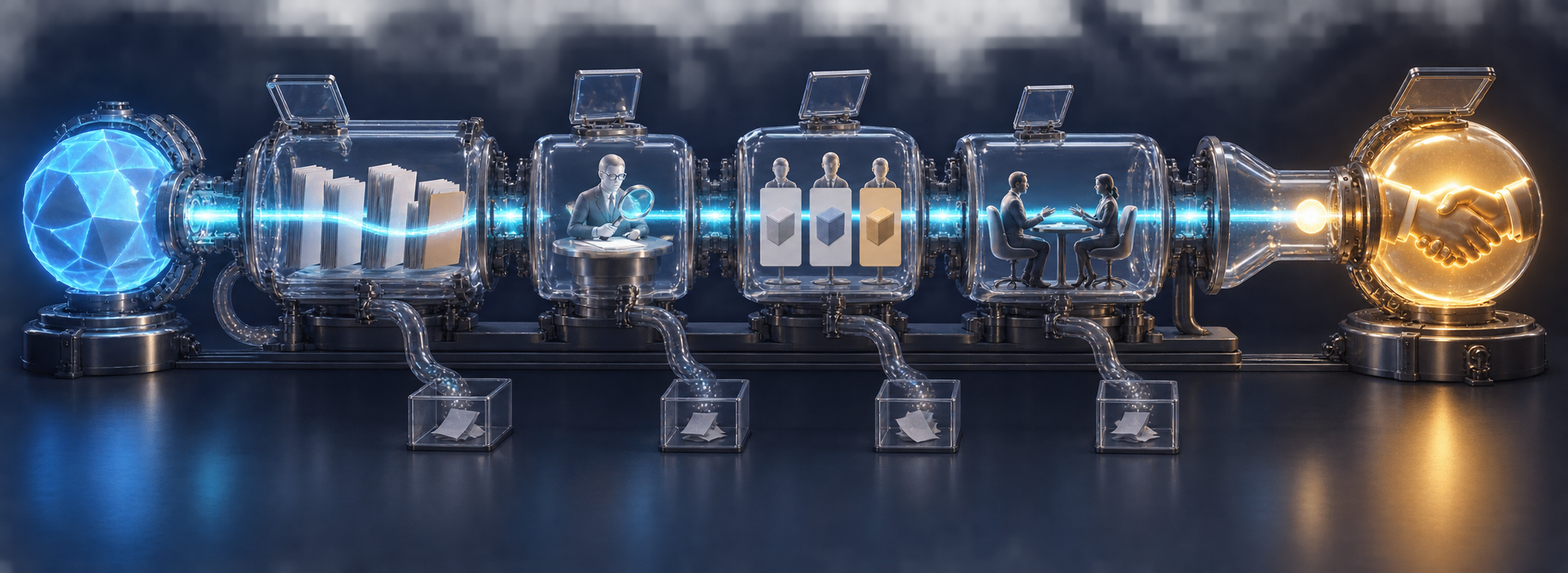 A glowing route passes from an AI node through sources, expert review, buyer comparison, and a conversation before reaching a handshake-shaped outcome.
